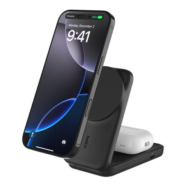 Caricabatteria wireless magnetico pieghevole 2 in 1 con Qi2 da 25 W Belkin