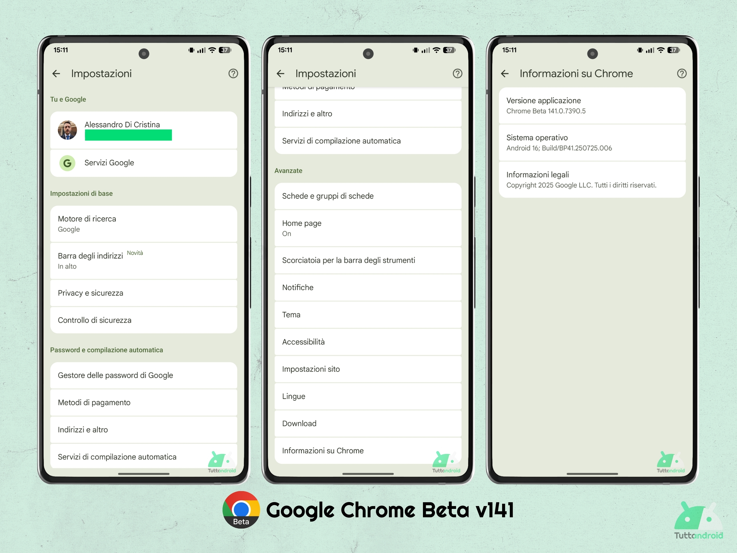 Google Chrome Beta v141 - Impostazioni M3E