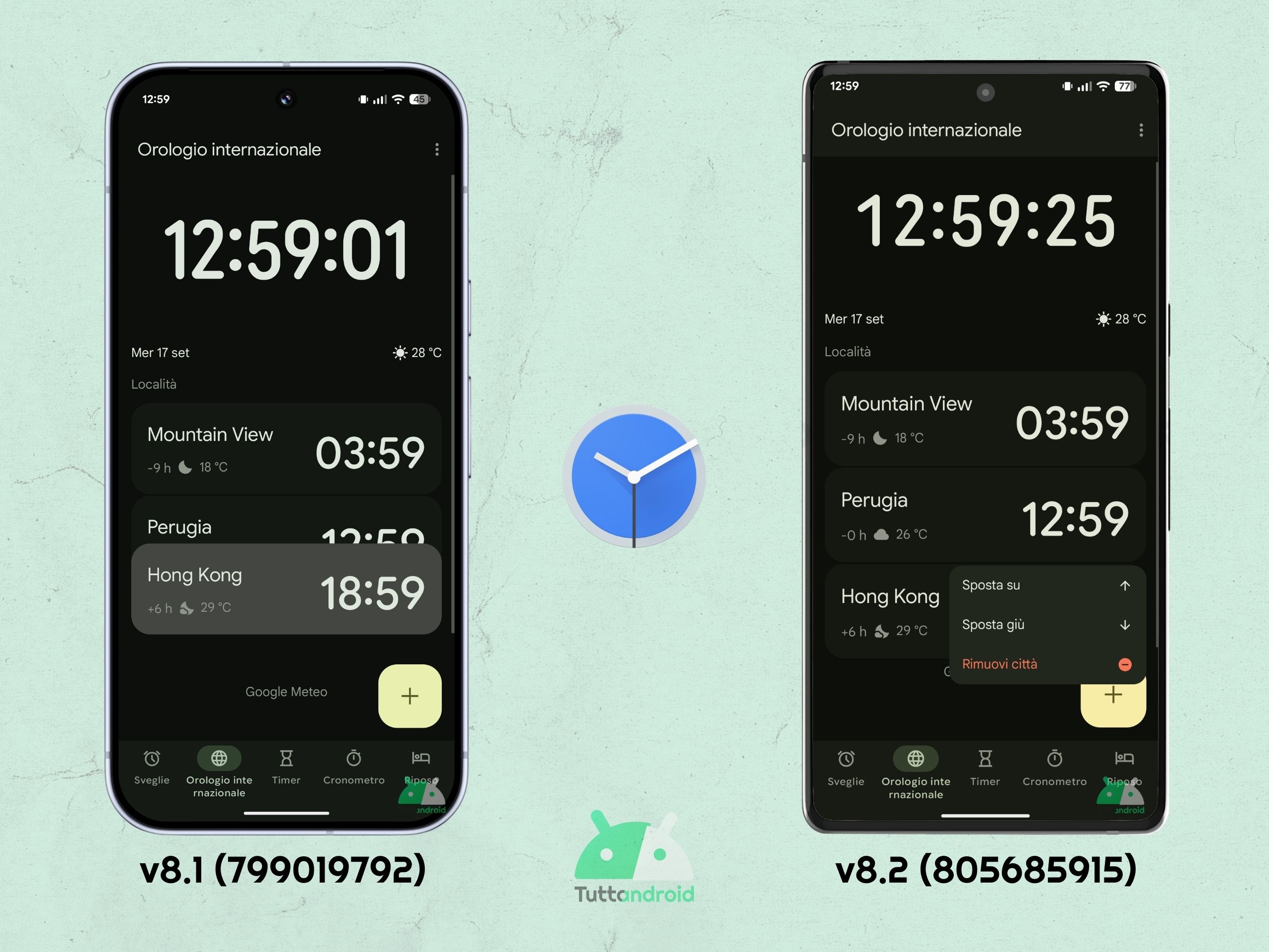 Google Orologio v8.2 - nuova opzione scheda Orologio internazionale
