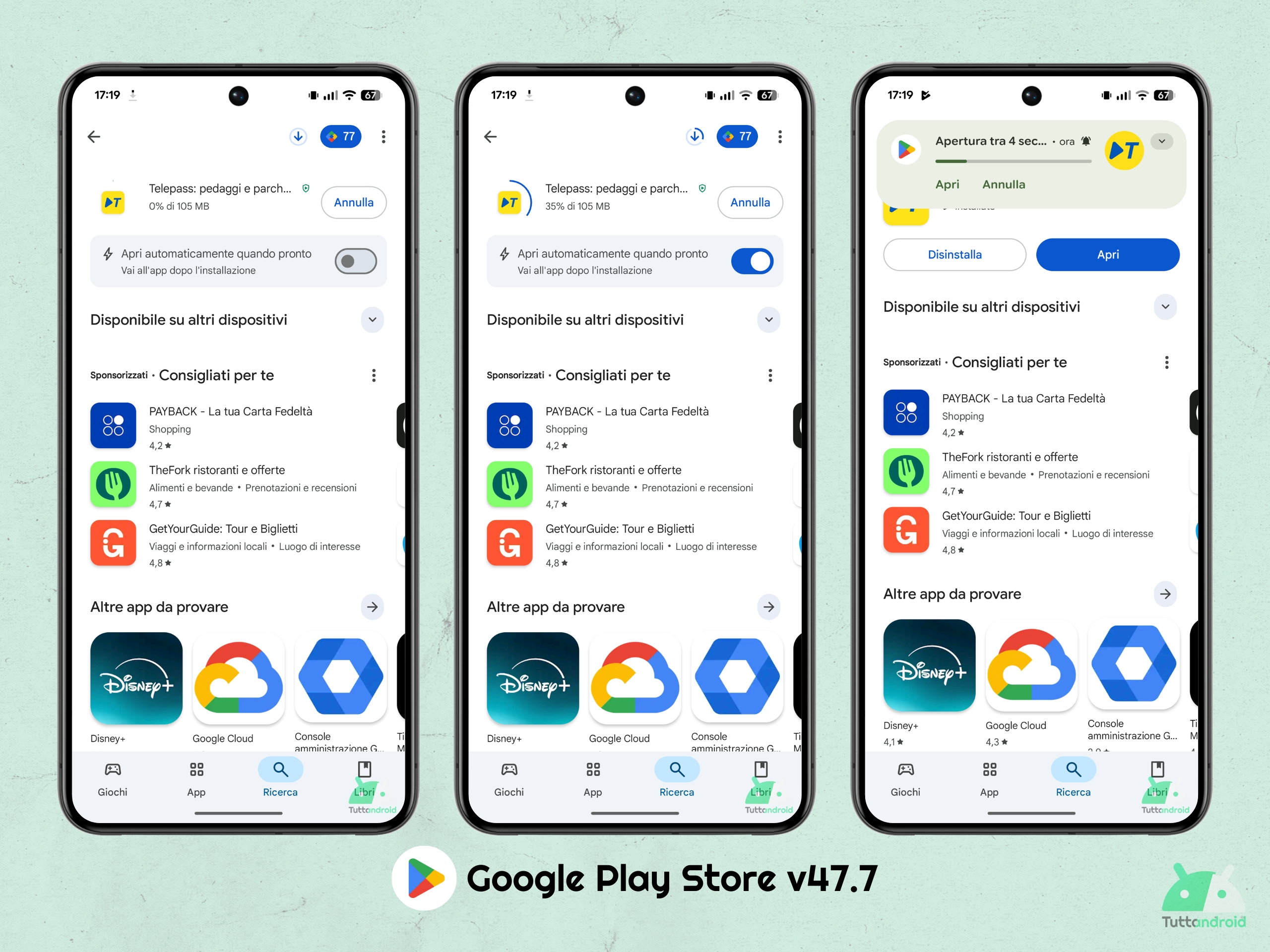 Google Play Store v47.7 - Apertura automatica app
