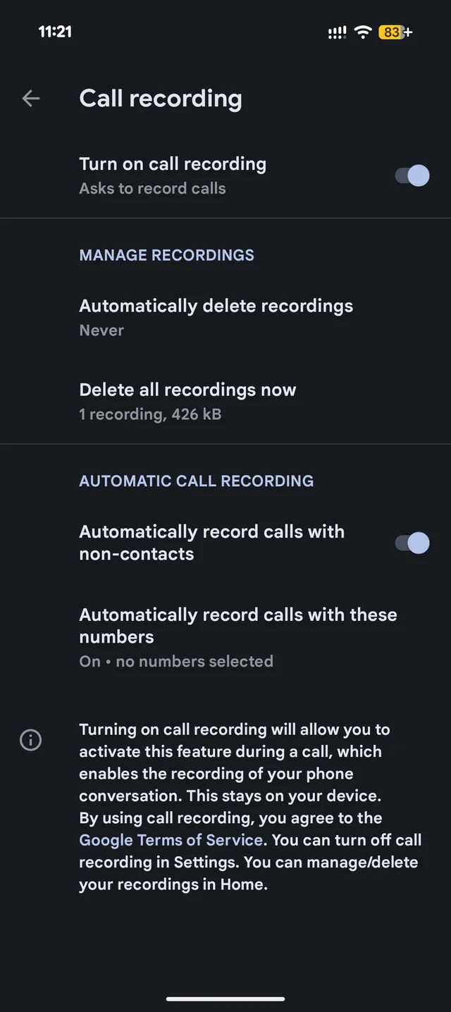 Google Telefono su Pixel 9a - Registrazione delle chiamate - Impostazioni