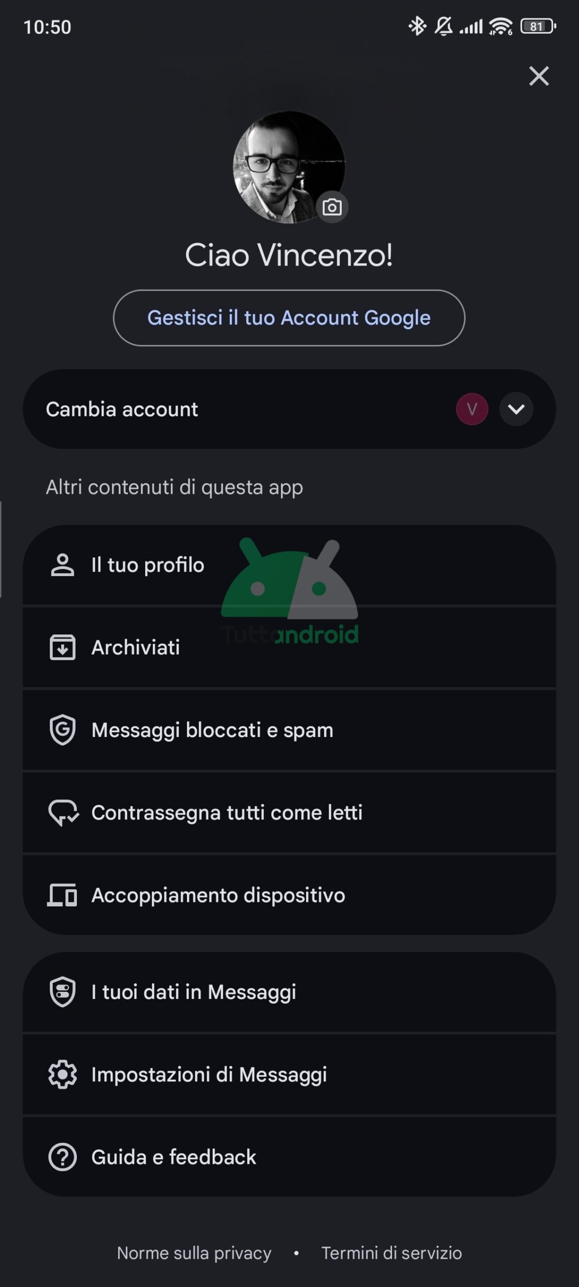 google messaggi menù account in material 3 expressive