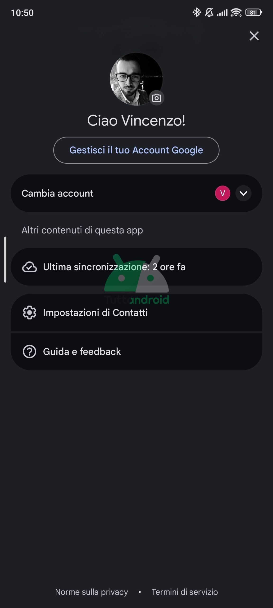 google contatti menù account in material 3 expressive