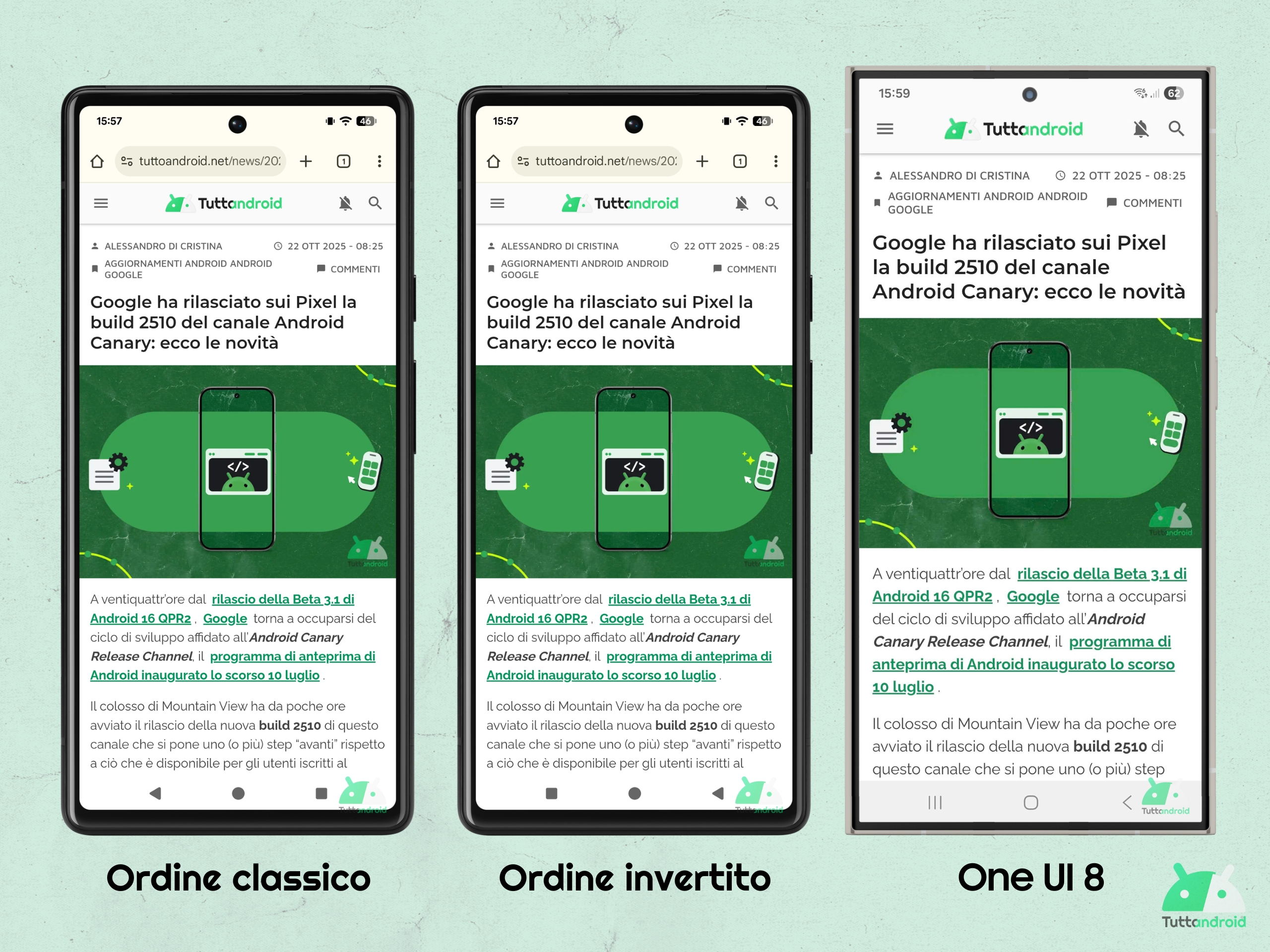 Android CANARY 2510 - Navigazione con tre pulsanti - confronto con One UI 8