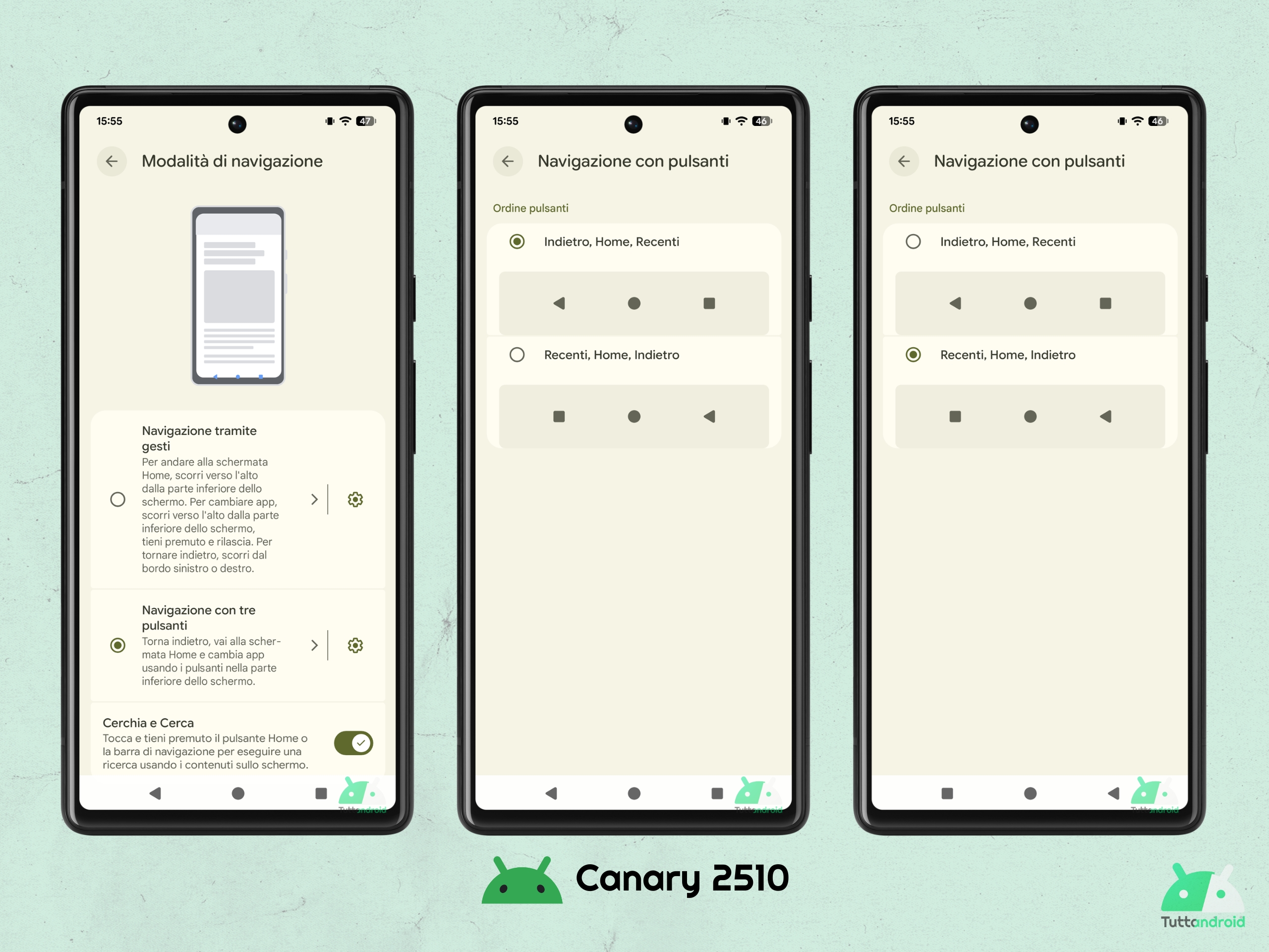 Android CANARY 2510 - Navigazione con tre pulsanti - opzioni