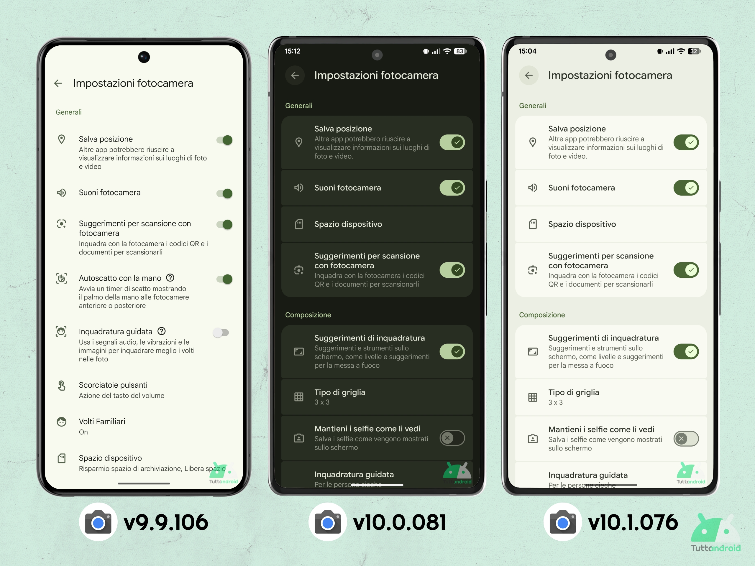 Fotocamera Pixel v10.1.076 - Impostazioni con tema chiaro