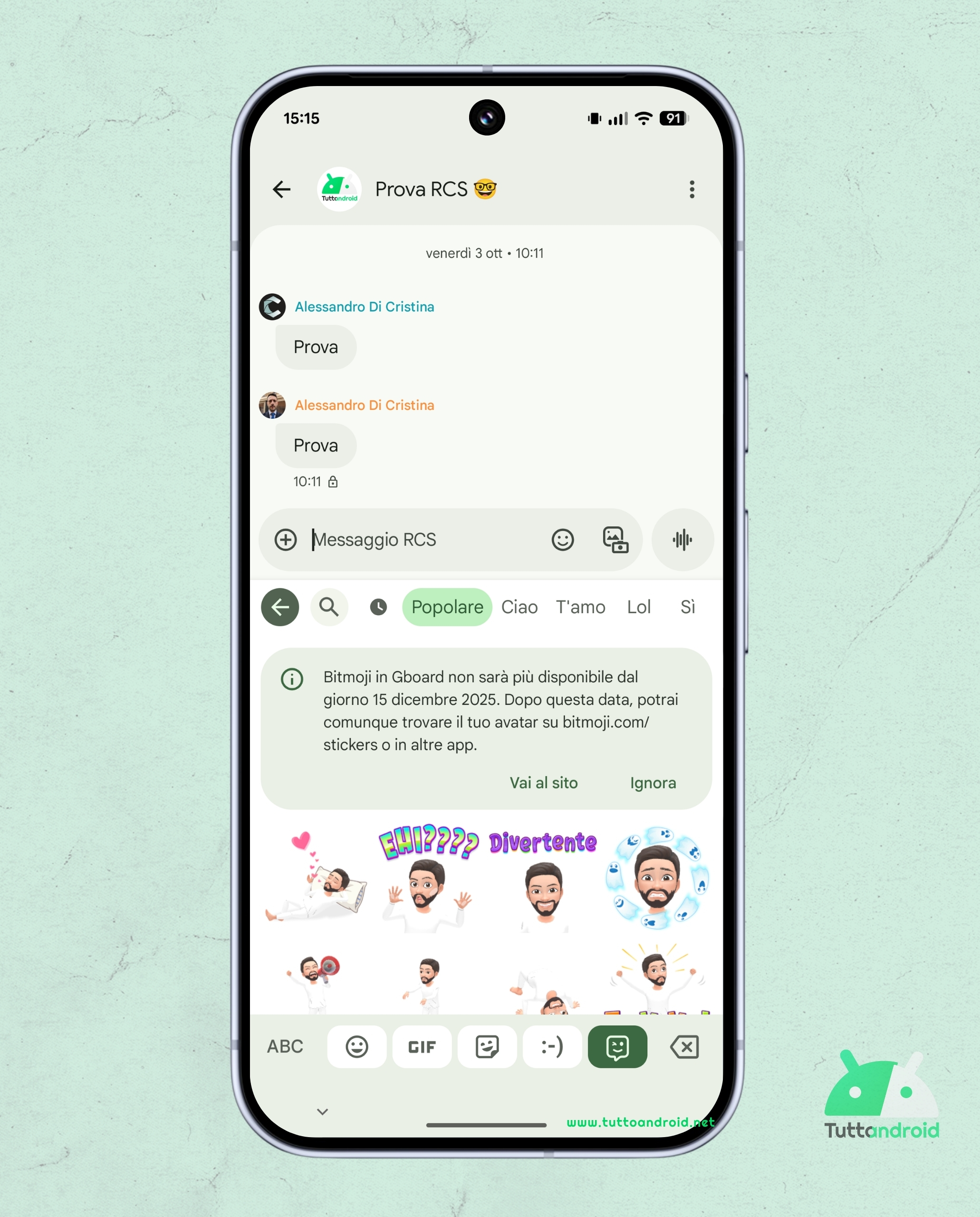 Gboard - avviso fine integrazione Bitmoji