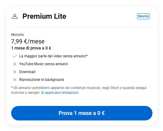 YouTube Premium Lite in Italia - ottobre 2025