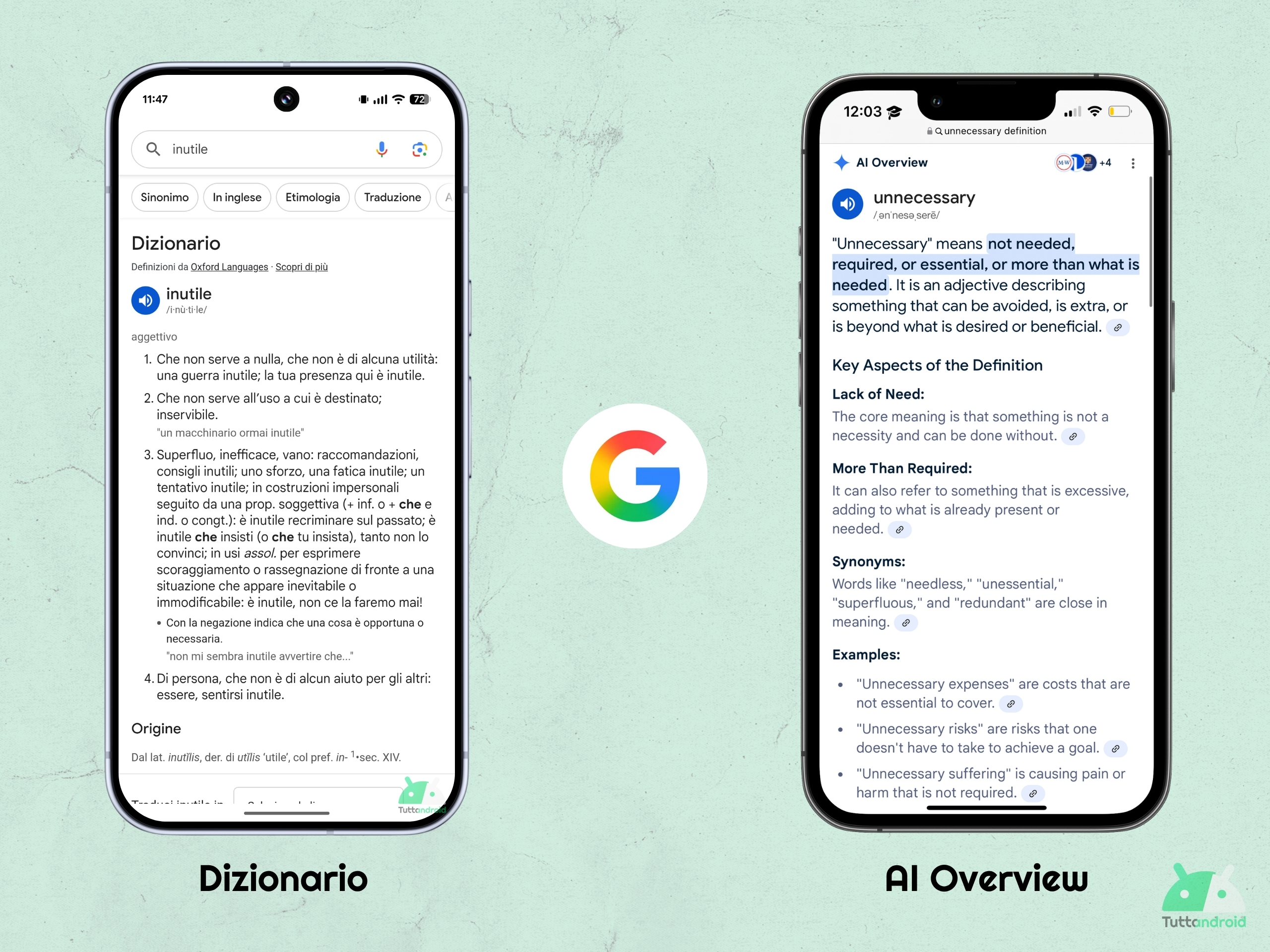 App Google - Ricerca Google - AI Overview al posto del dizionario