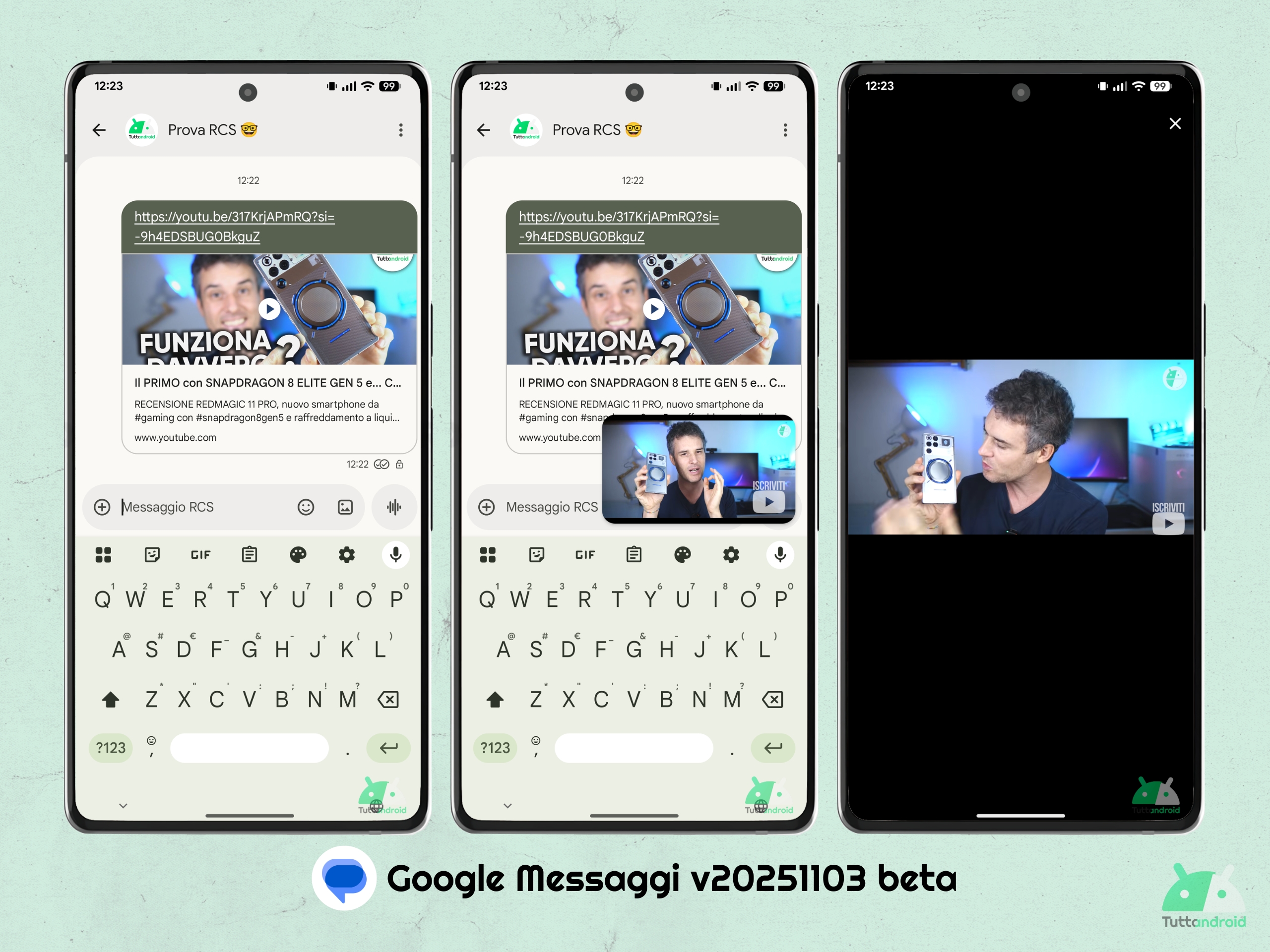 Google Messaggi v20251103 beta - YouTube PiP