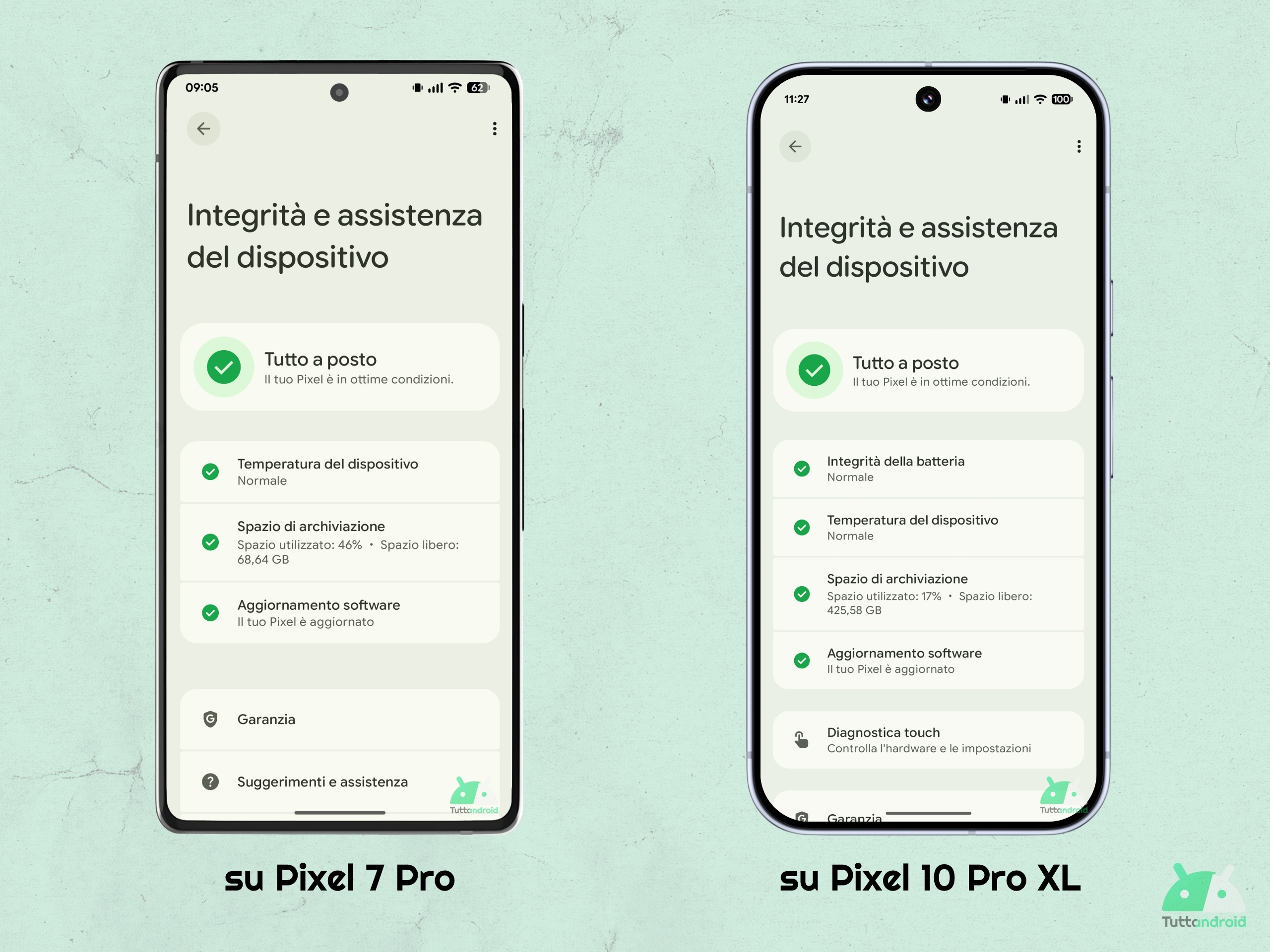 Impostazioni - Stato e assistenza - Google Pixel 7 Pro vs Pixel 10 Pro XL