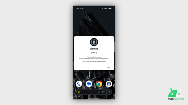 Screenshot crash app DAZN con altre app installate