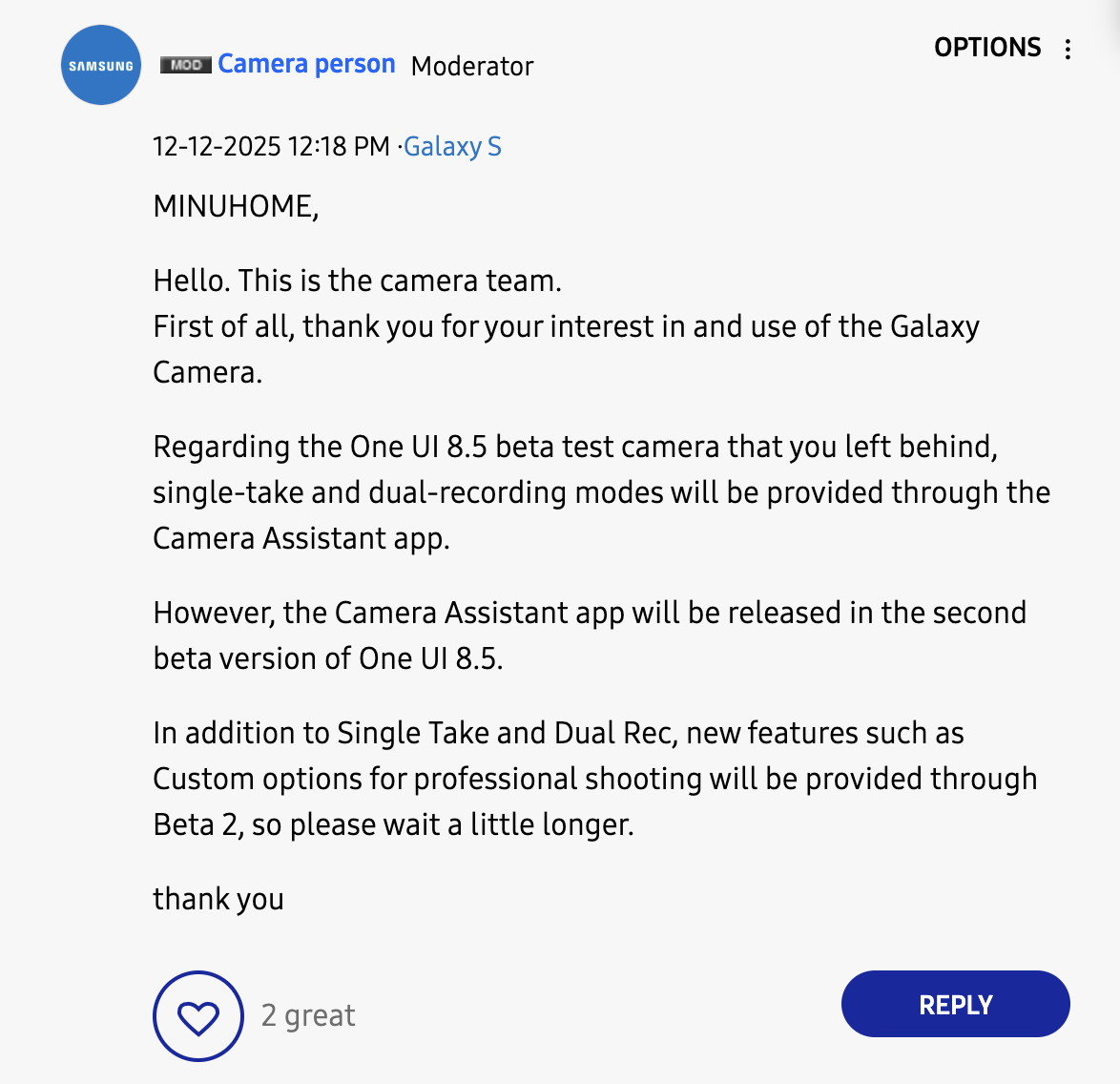 Single Take e Dual Rec su Camera Assistant con Samsung One UI 8.5 Beta 2