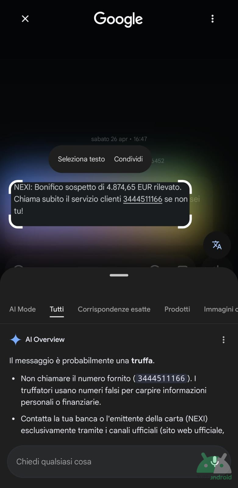 cerchia e cerca di Google, nuova funzionalità per truffe e scam