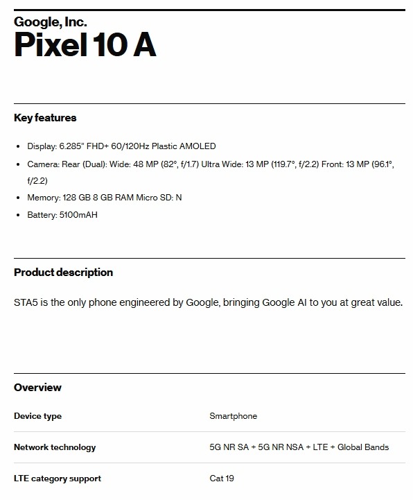 google pixel 10a specifiche leak