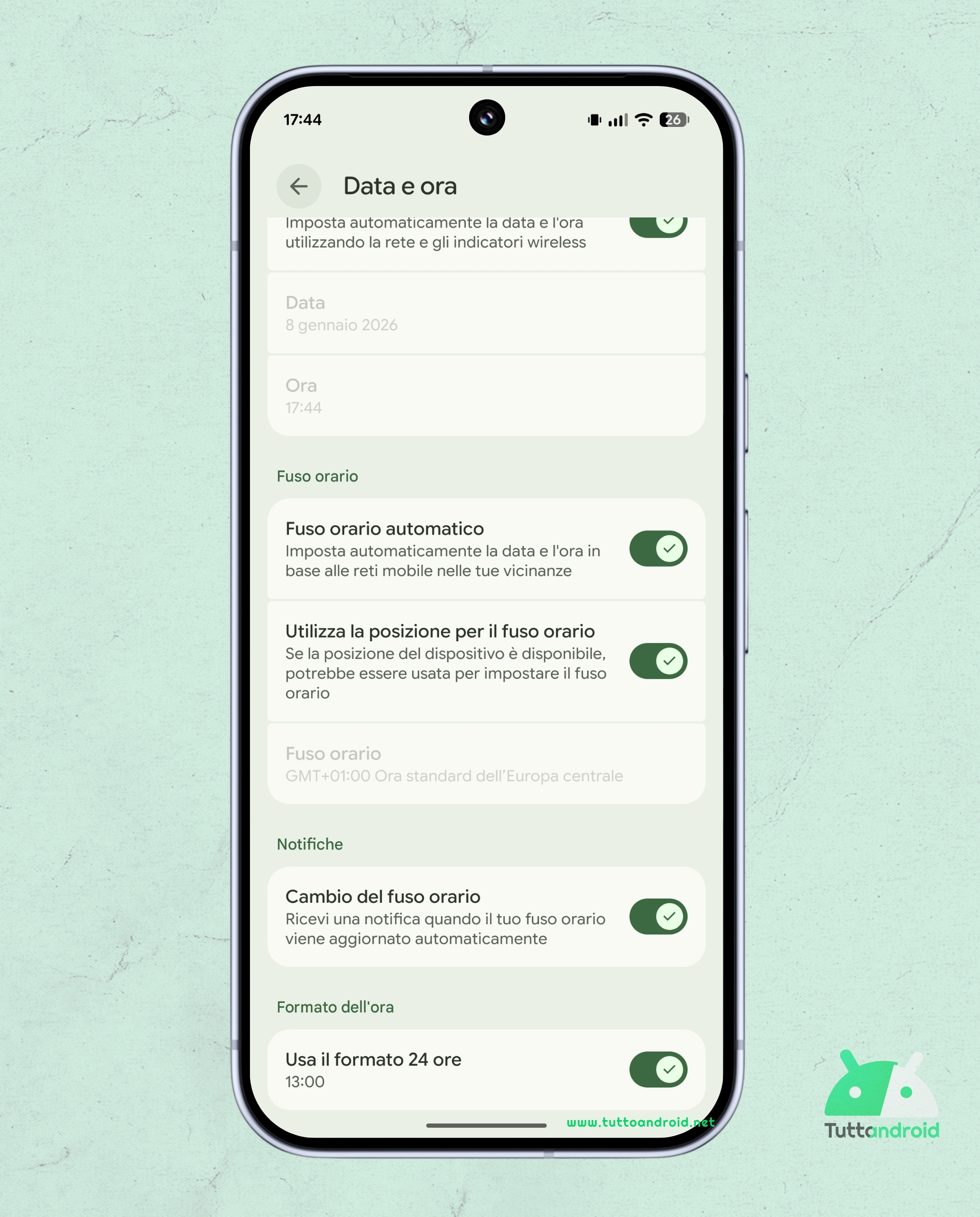 Android 16 QPR2 - Notifica cambio del fuso orario