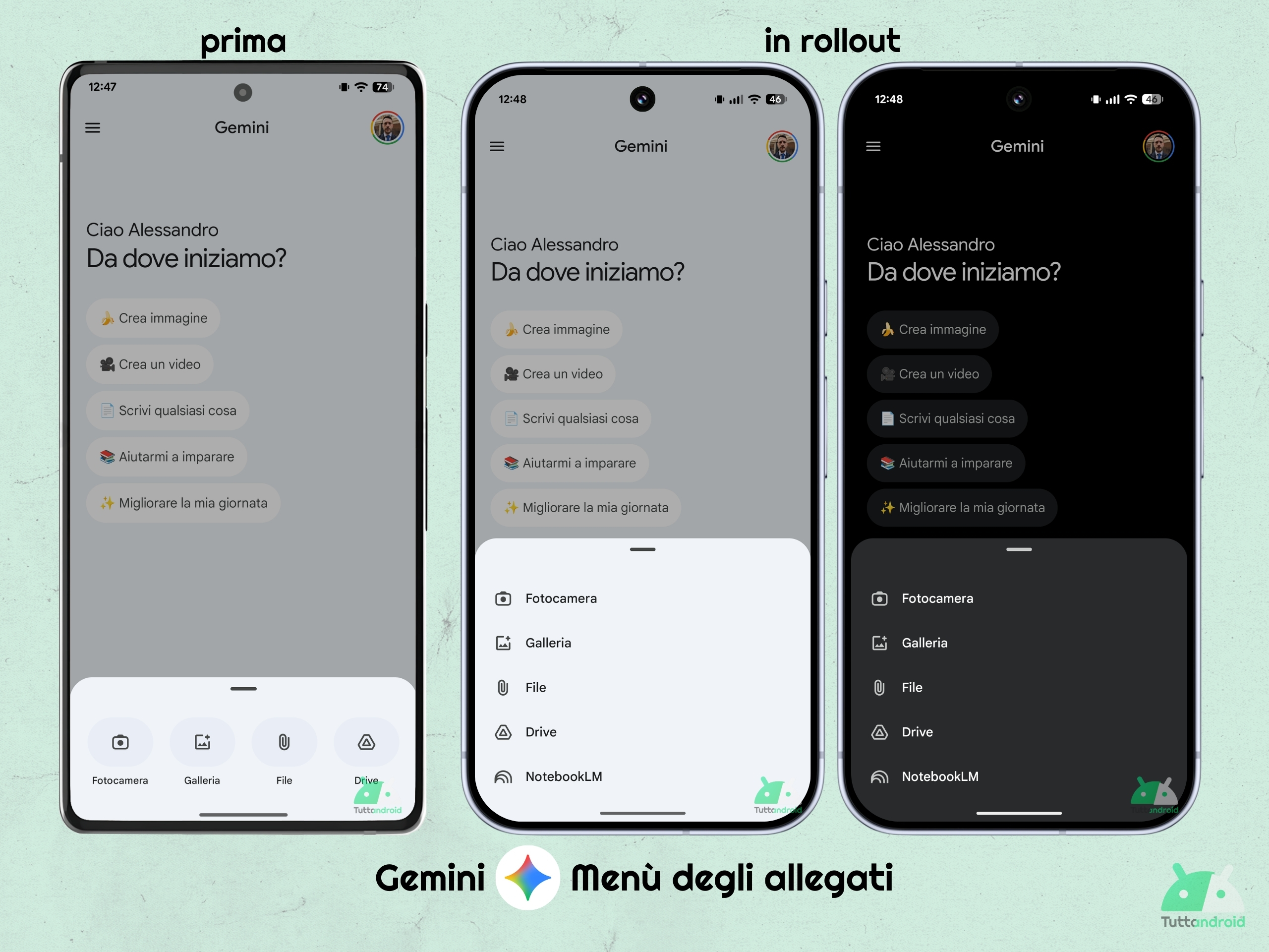 App Gemini - menù allegati proposto come elenco e nuova voce NotebookLM