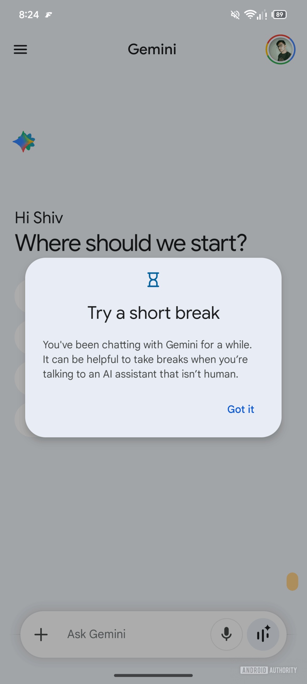 App Google v17.3.59 - Gemini - Try a short break AA