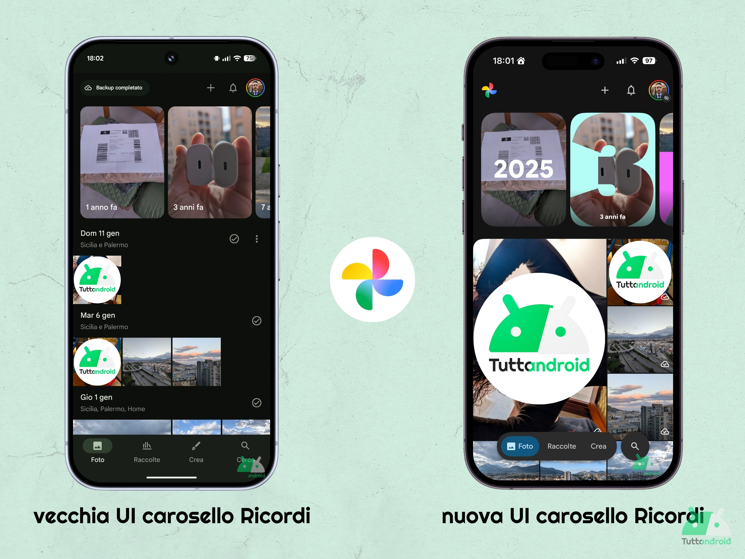 Google Foto v7.60 - Carosello Ricordi - confronto vecchio e nuovo