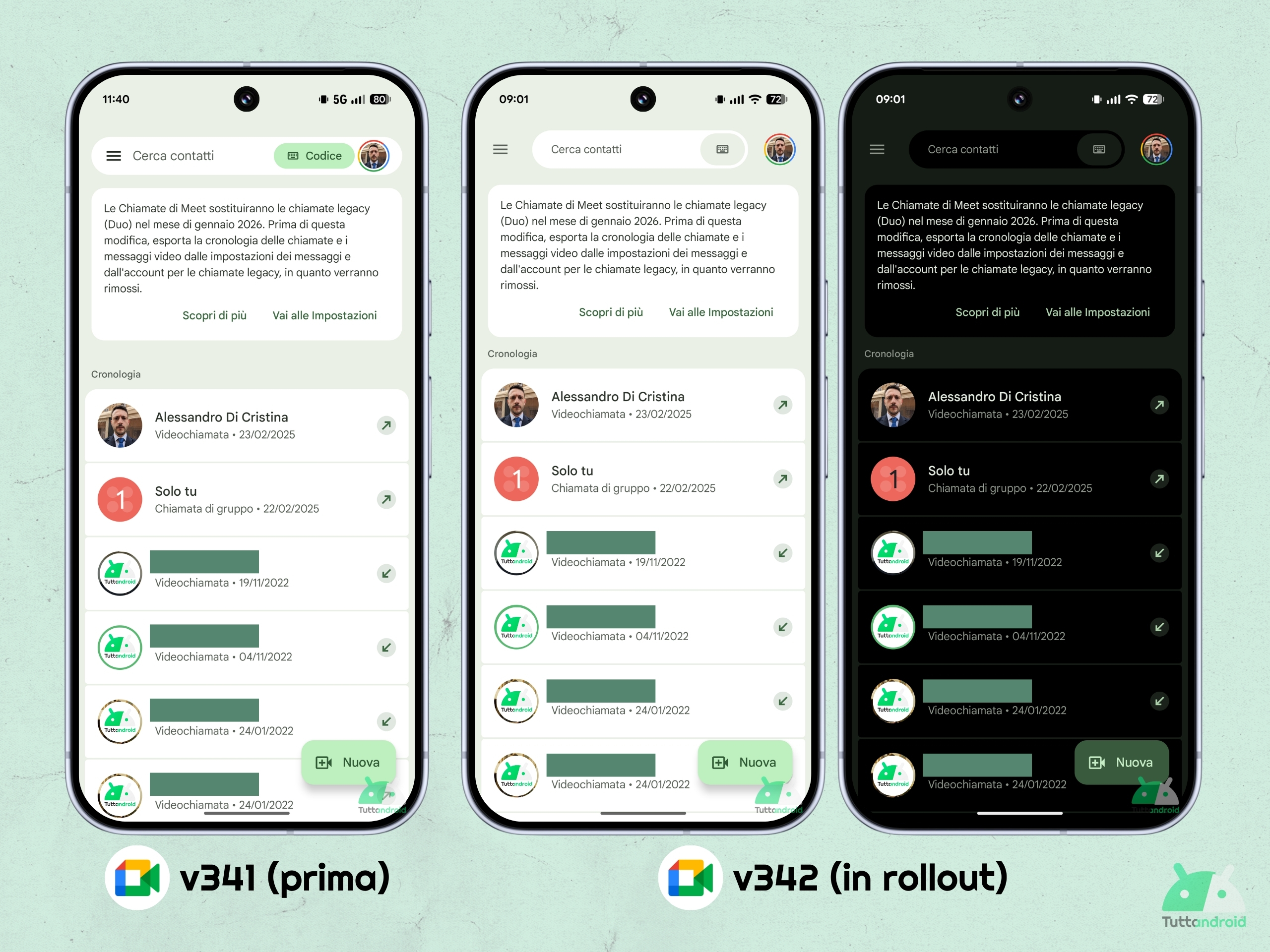 Google Meet v342 - intestazione M3E in rollout
