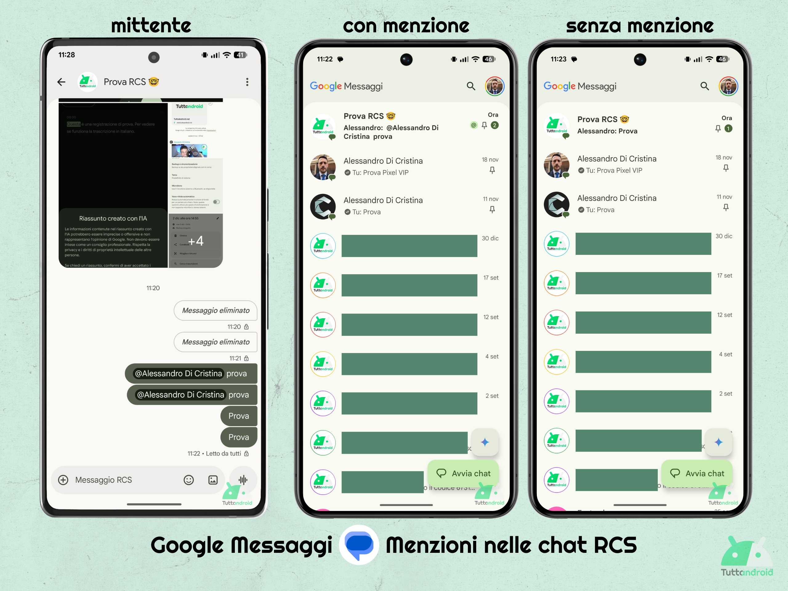 Google Messaggi v20260115 beta - Menzioni nelle chat RCS - esempio