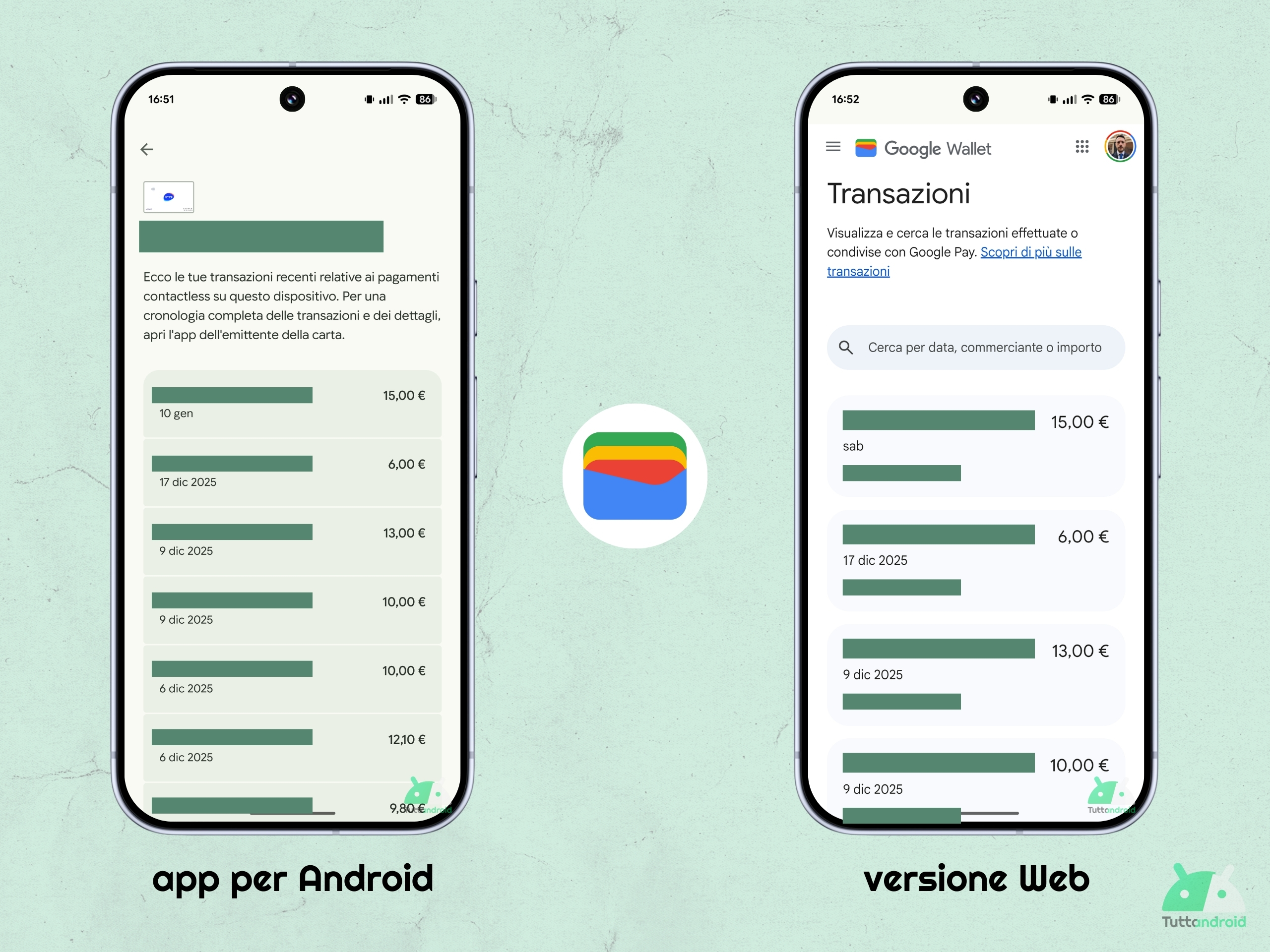 Google Wallet - Cronologia transazioni - App vs Web
