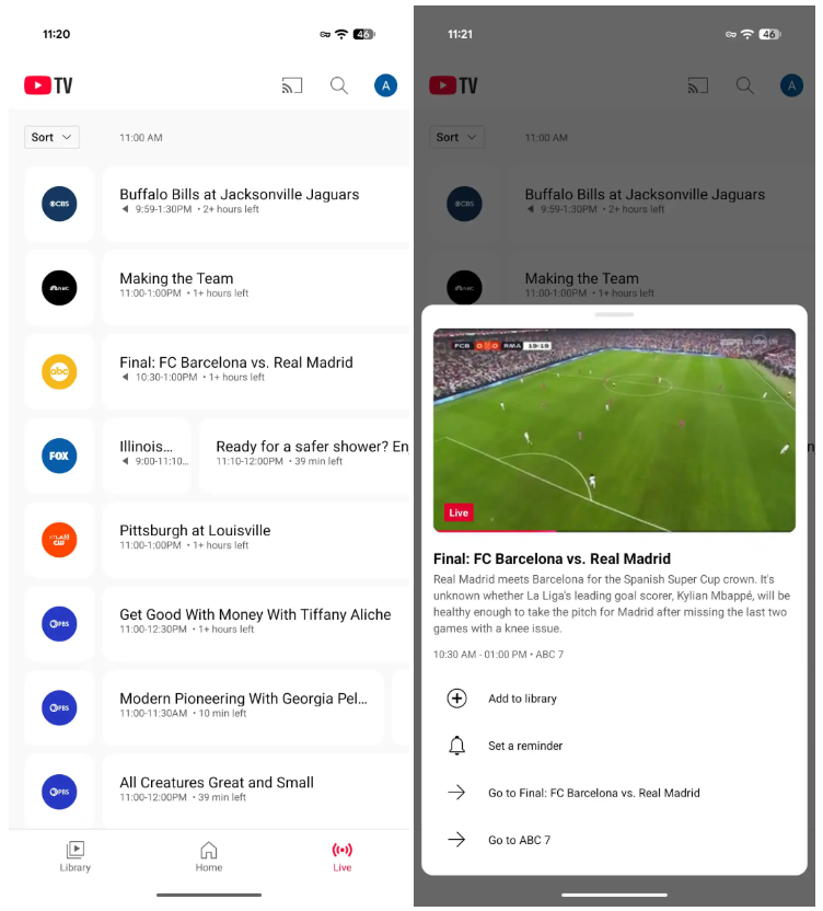 YouTube TV nuova UI