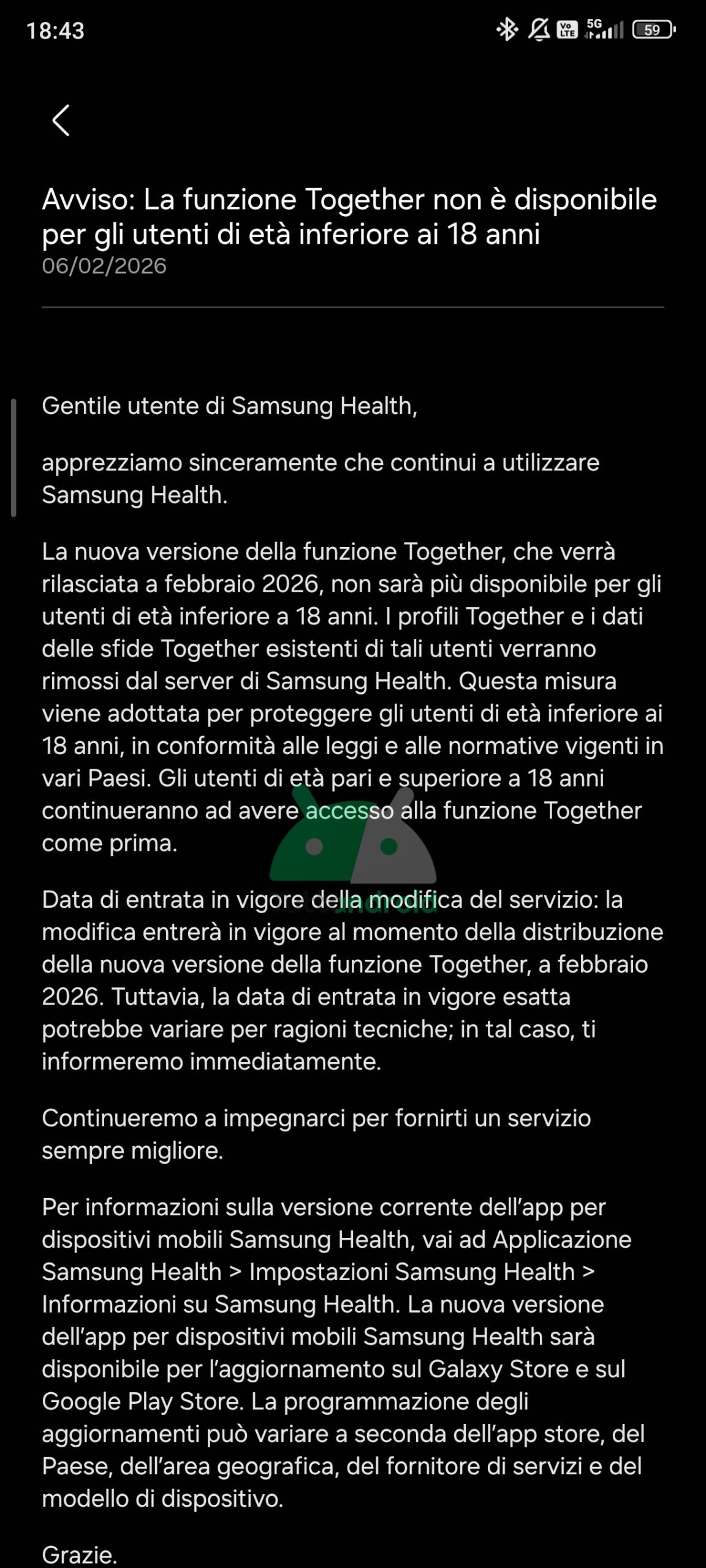 Samsung Health stop Together minori 18 anni