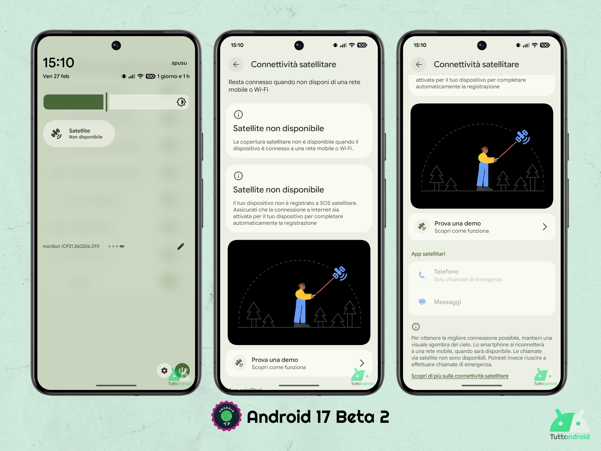 Android 17 - Beta 2 - hub Connessione satellitare tta