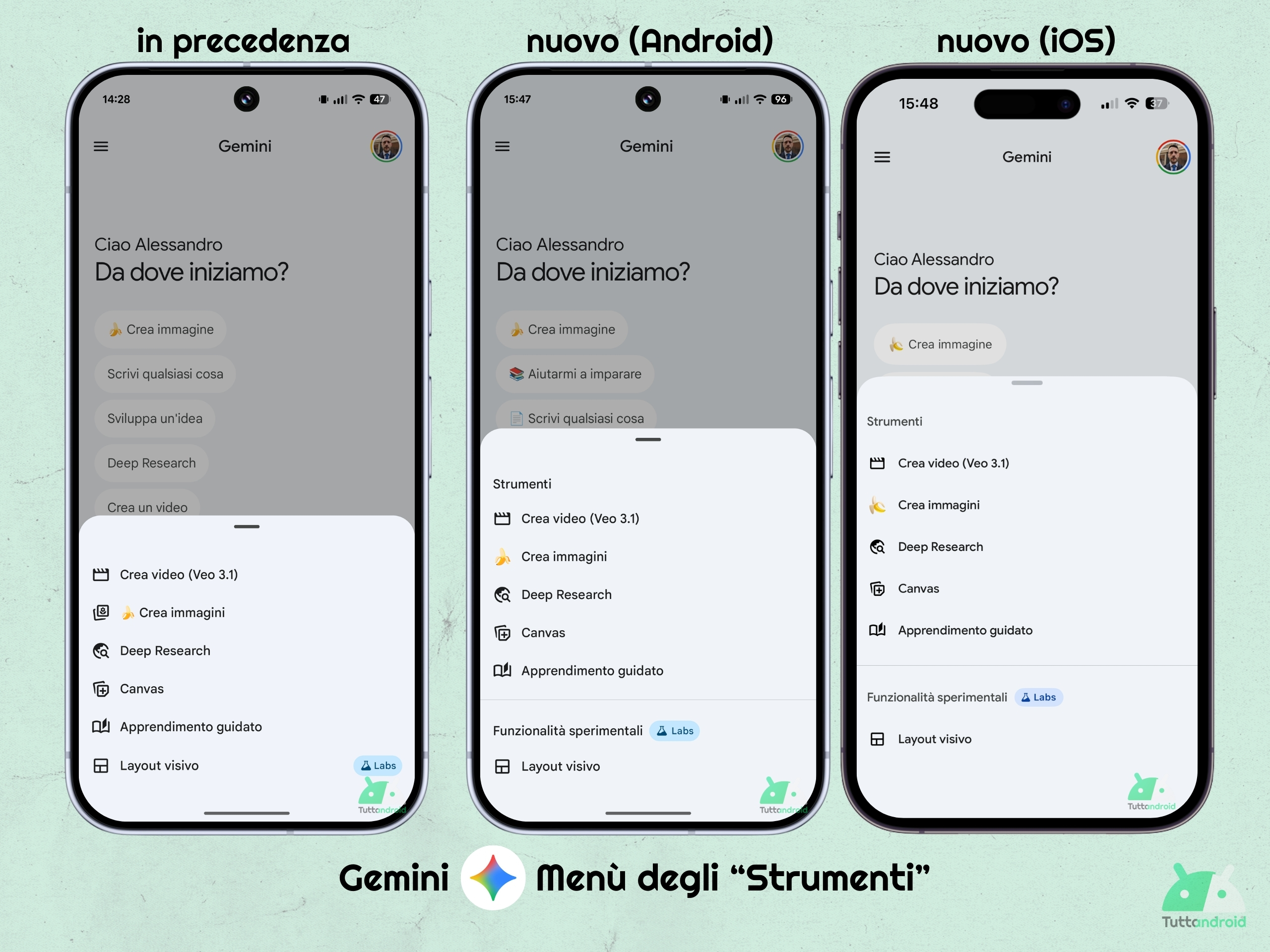 Nuovo menù “Strumenti” e sezioni in “I miei contenuti” in rollout nell’app mobile di Gemini
