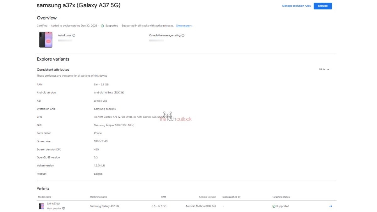 Samsung Galaxy A37 5G Google Play Console
