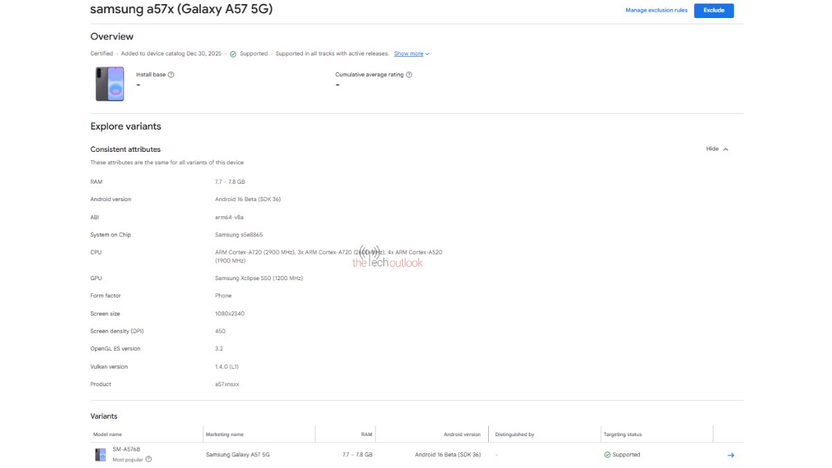 Samsung Galaxy A57 5G Google Play Console