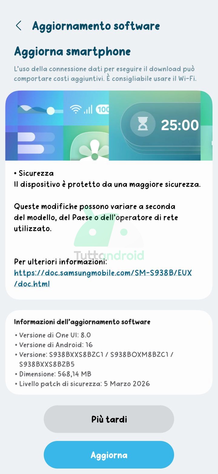 aggiornamento Samsung Galaxy S25 Ultra patch di sicurezza di marzo 2026