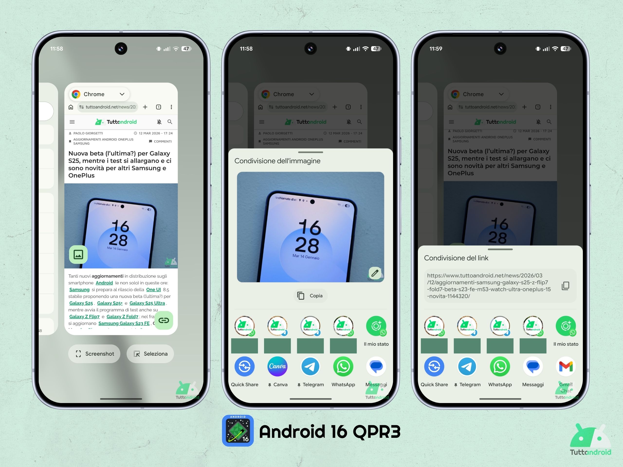 Android 16 QPR3 - Panoramica app recenti - condivisione immagini e link