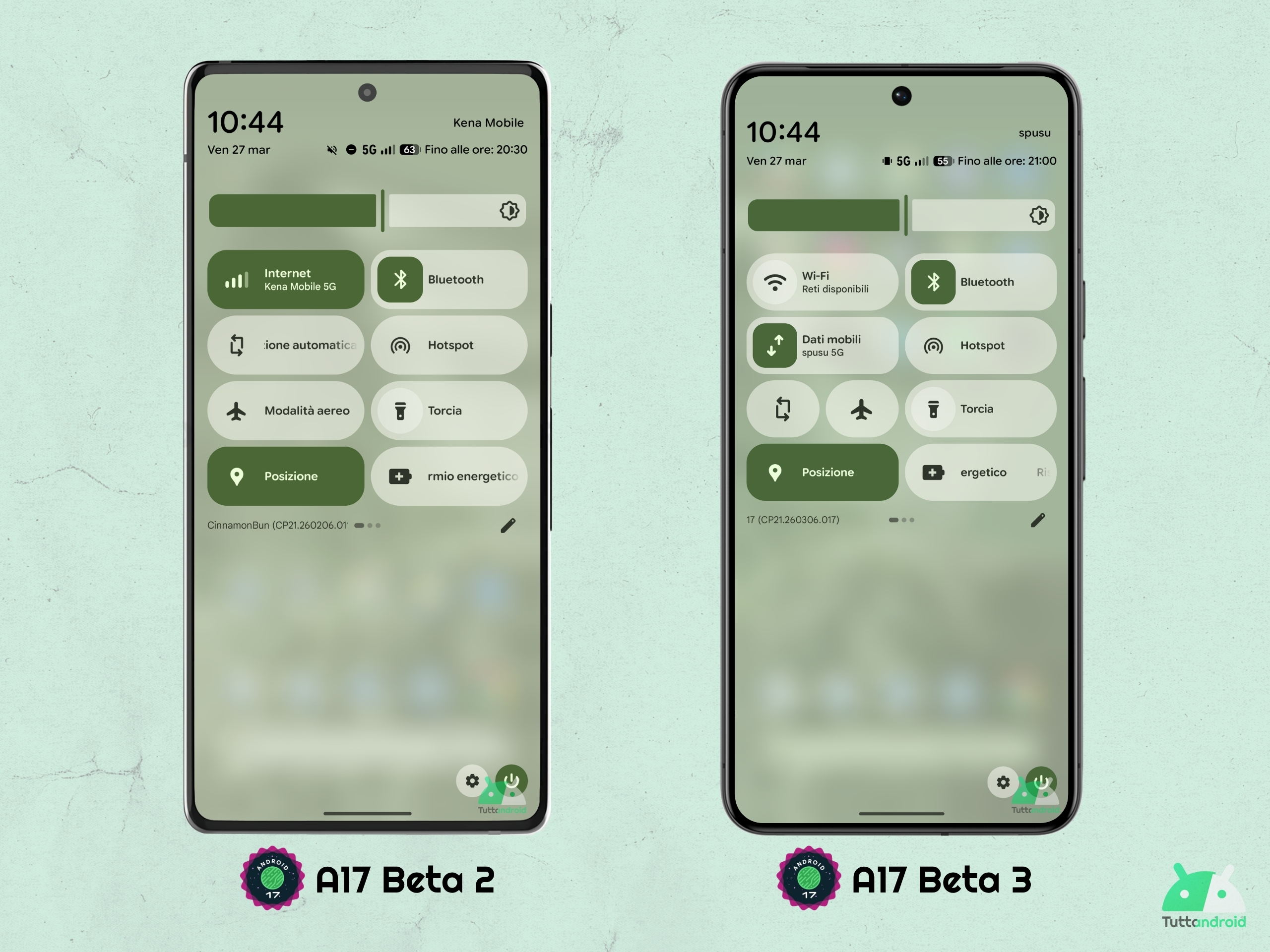 Android 17 - Beta 3 - Riquadri Wi-Fi e Dati mobili separati