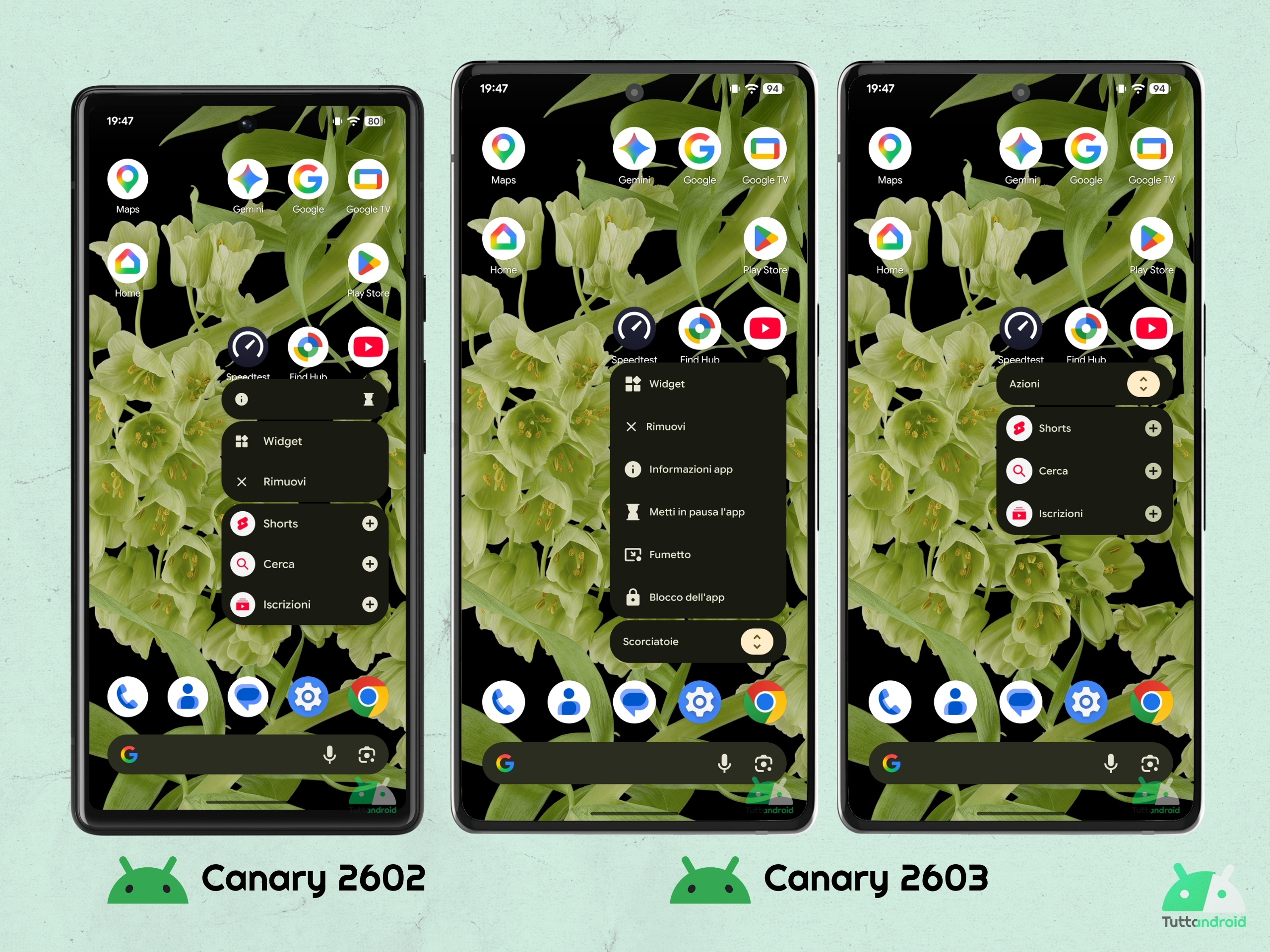 Android CANARY 2603 - Pixel Launcher - Nuovo menù contestuale