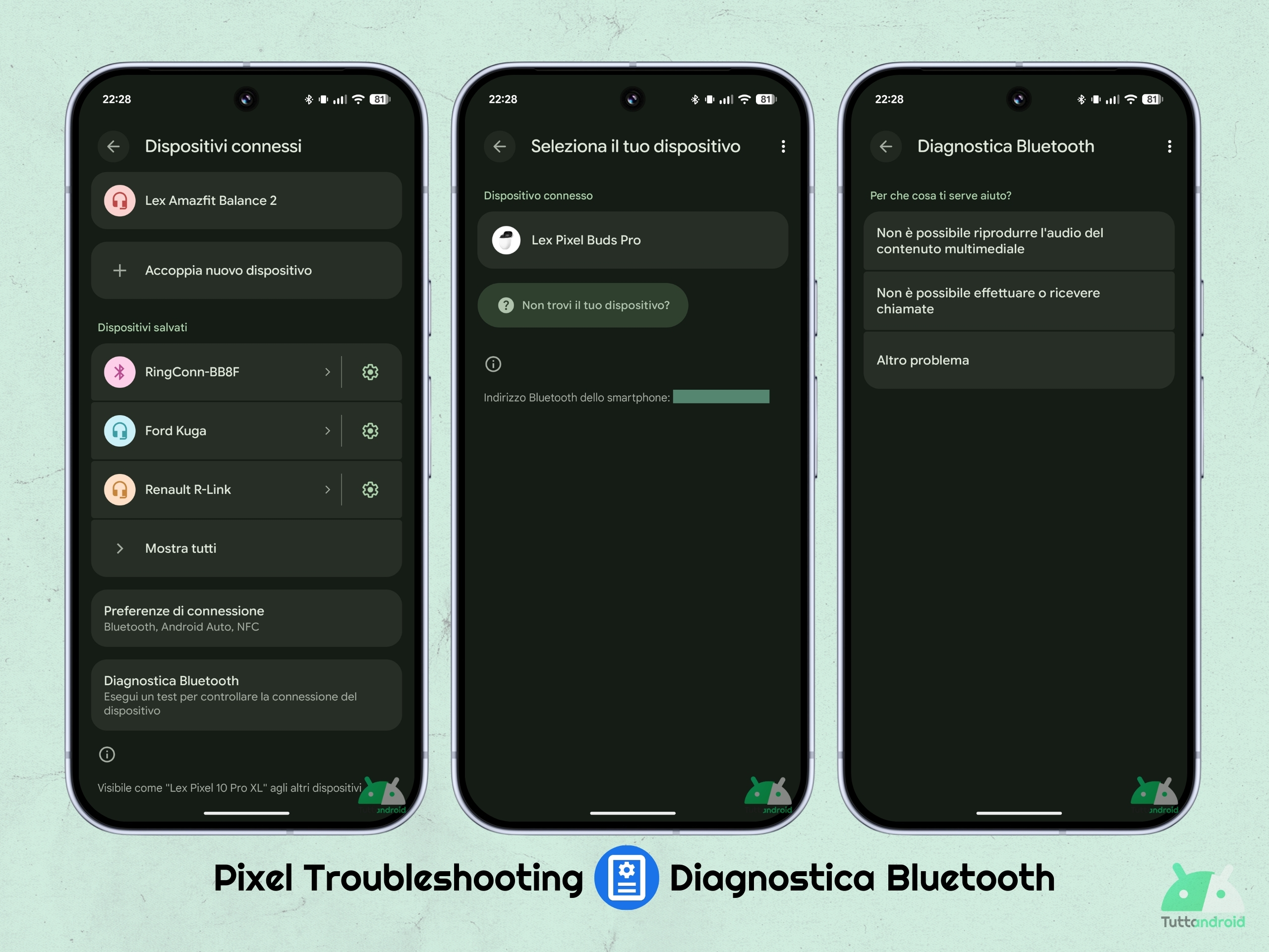 Pixel Troubleshooting v1.0.881271863 - Diagnostica Bluetooth con dispositivo collegato