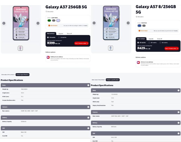 nuove specfiche galaxy a37 a57