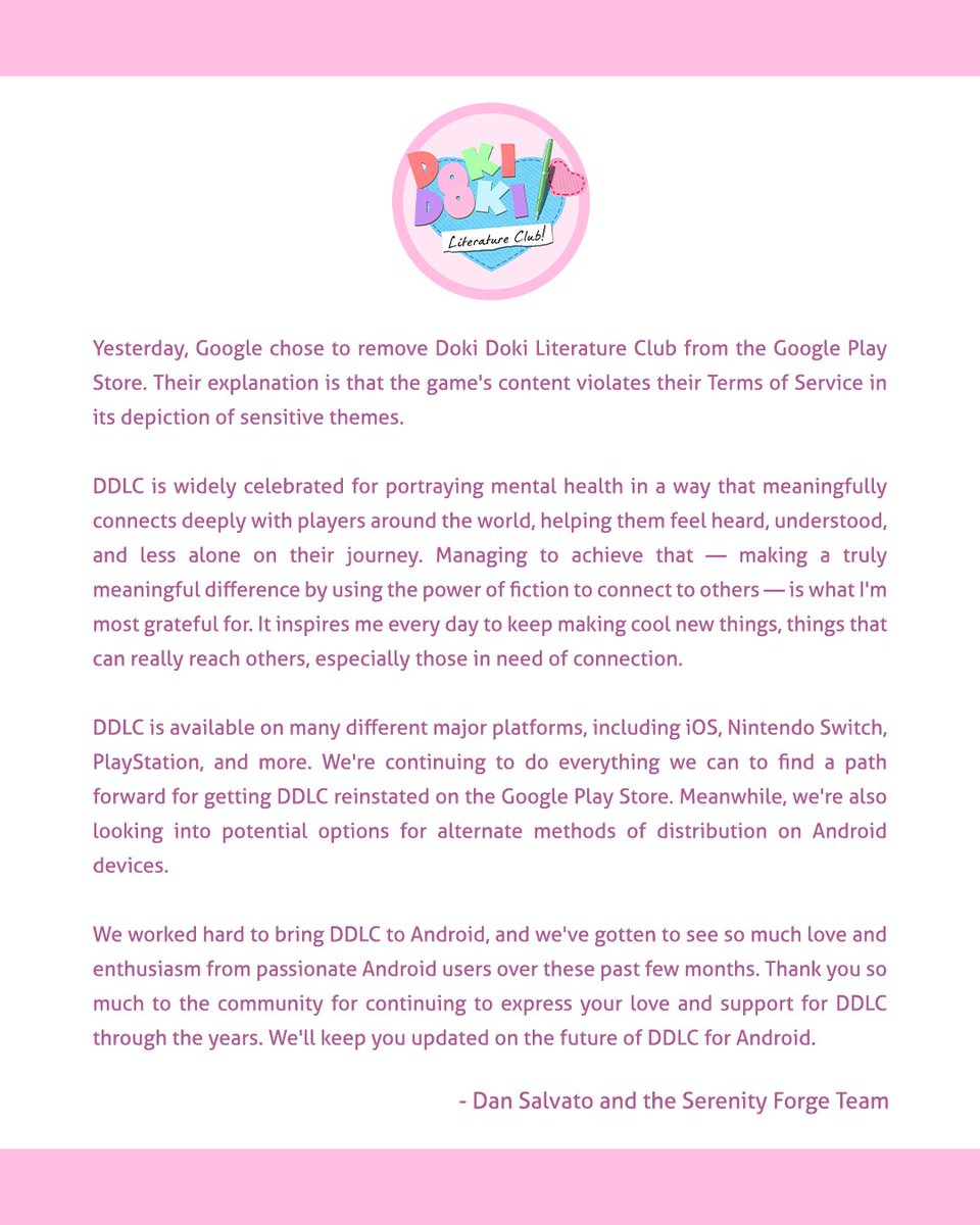 Doki Doki Literature Club rimosso dal Play Store - lettera Serenity Forge
