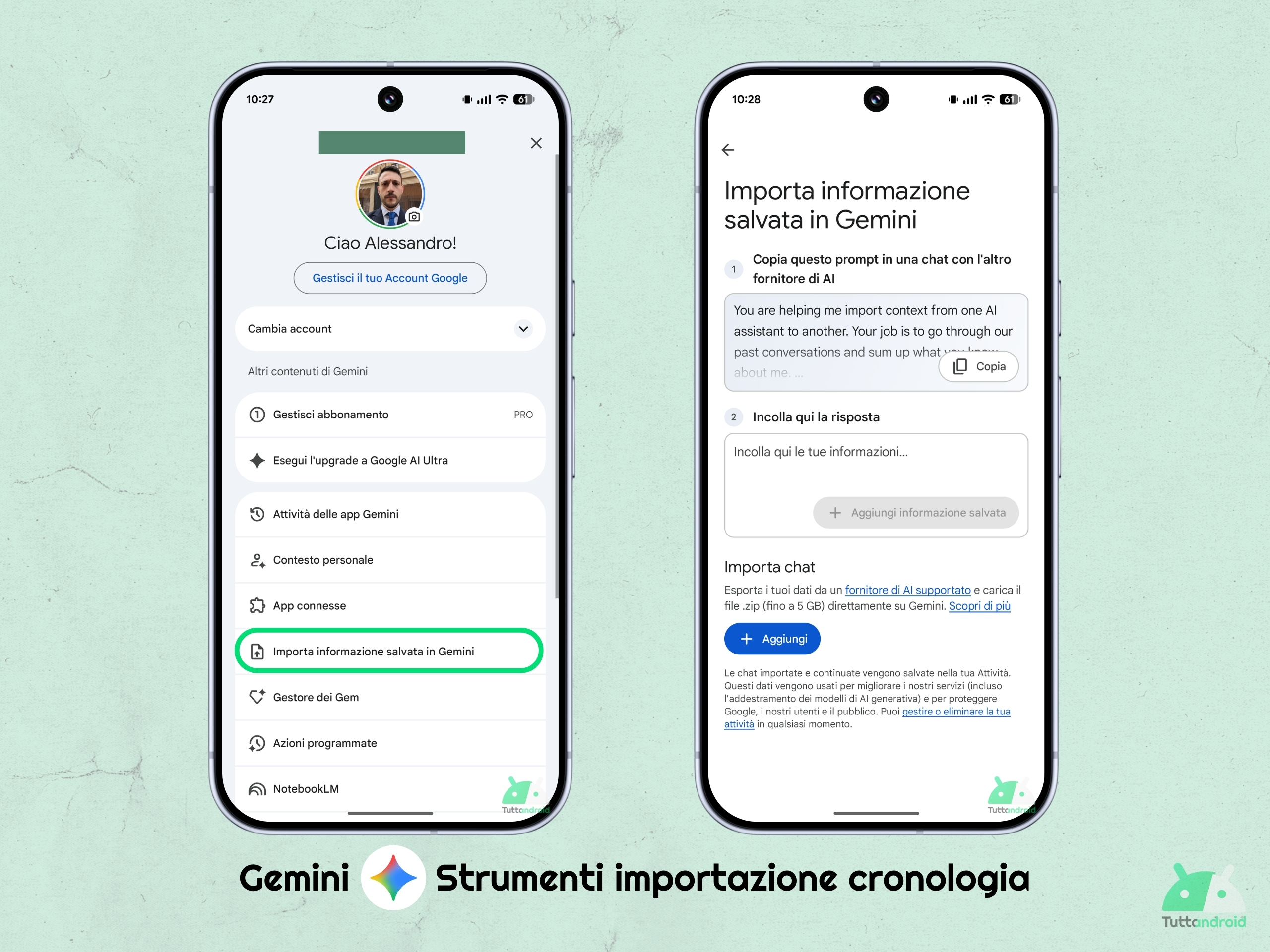 Gemini App - Strumenti importazione informazioni salvate