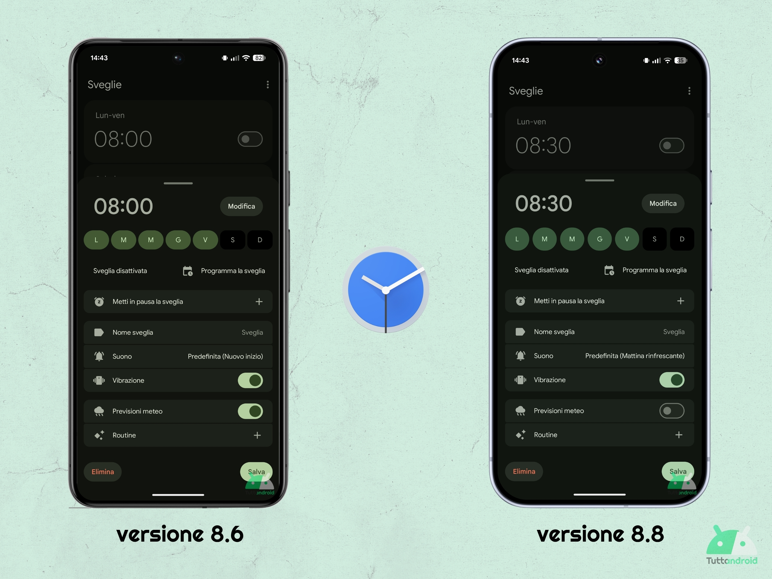 Google Orologio v8.8 - piccola novità estetica impostazioni sveglia