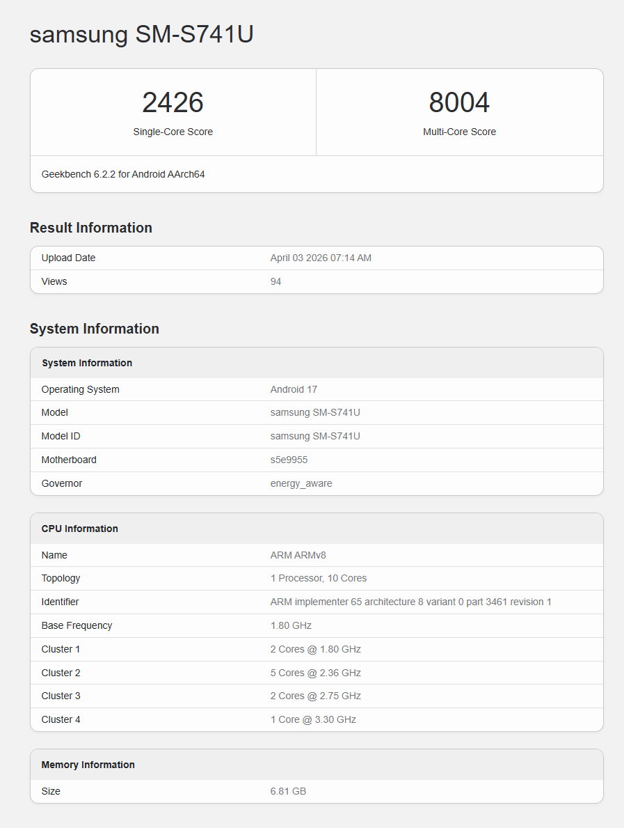Samsung Galaxy S26 FE su Geekbench