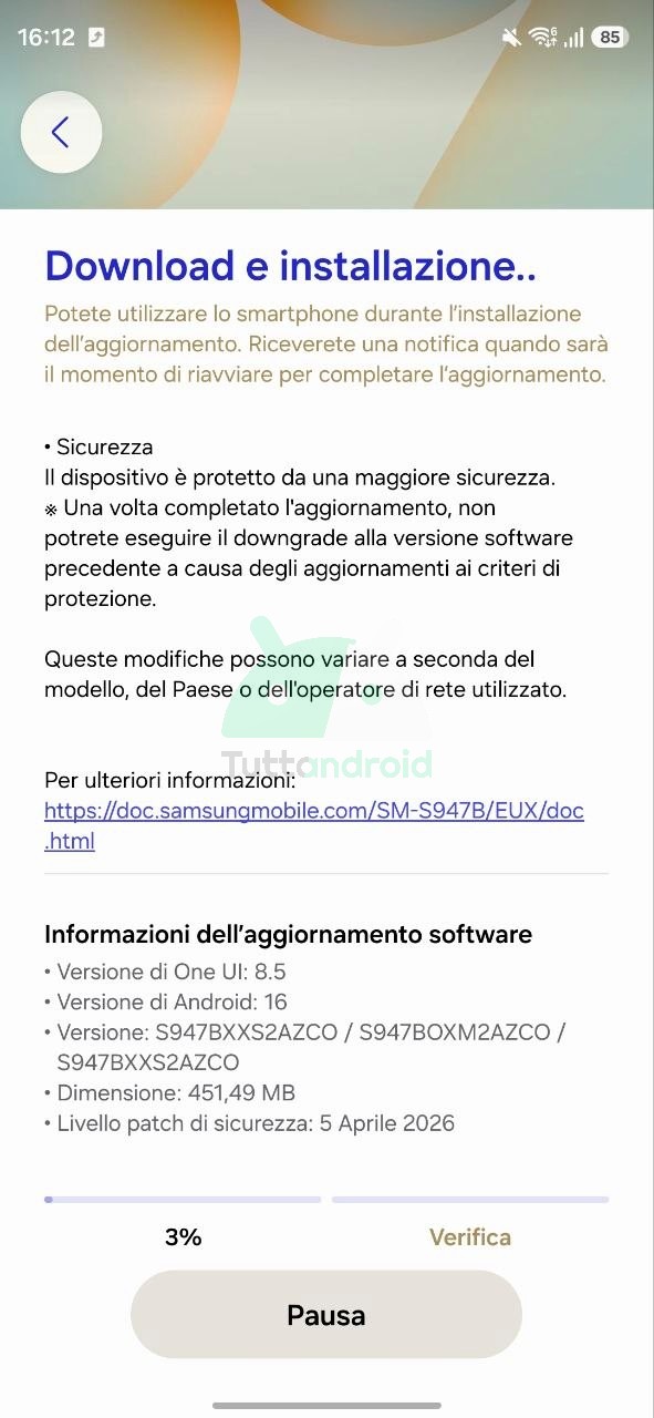 aggiornamento patch di sicurezza di aprile 2026 per serie Samsung Galaxy S26