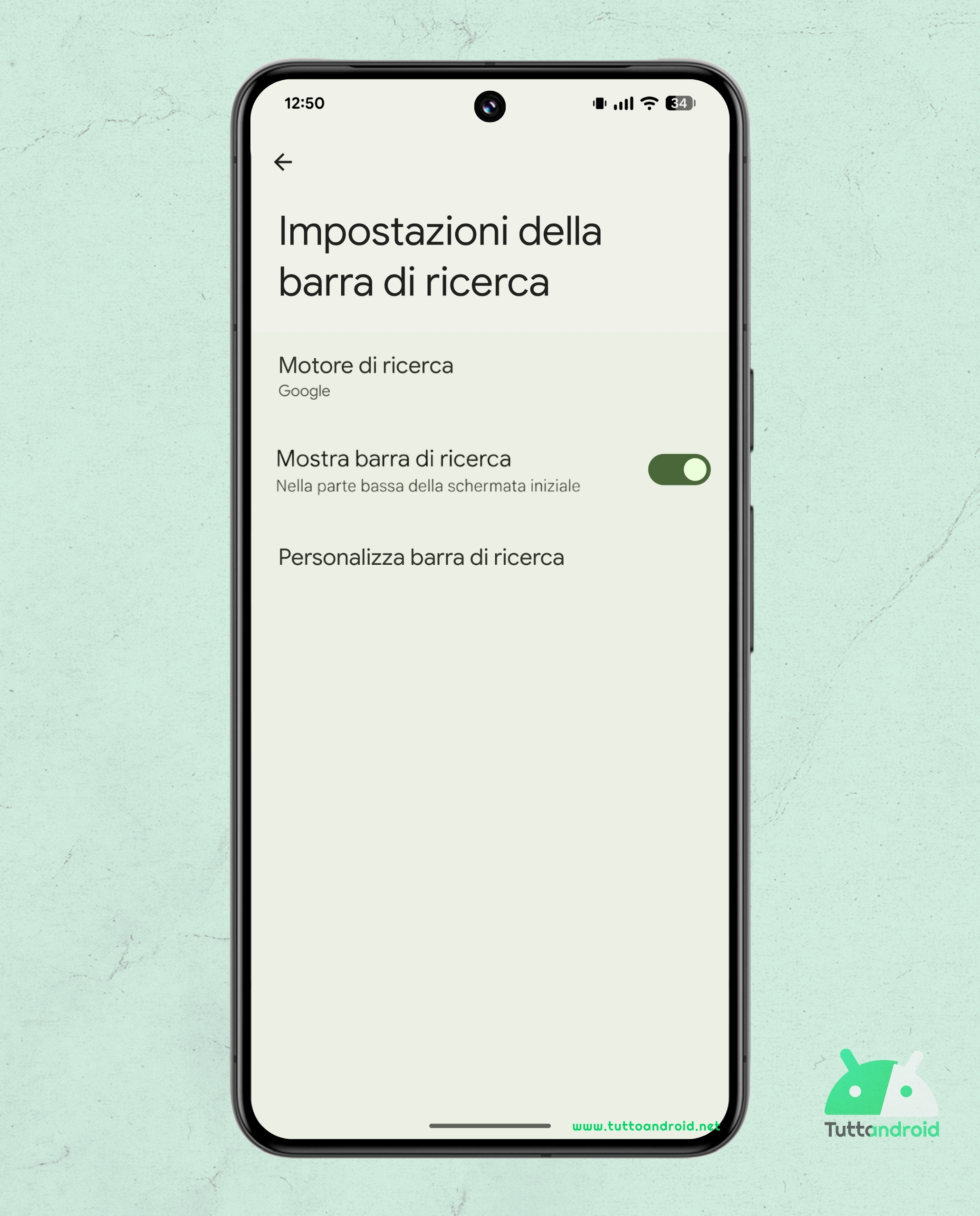 Android 17 QPR1 - Beta 2 - Pixel Launcher - mockup mostra barra di ricerca
