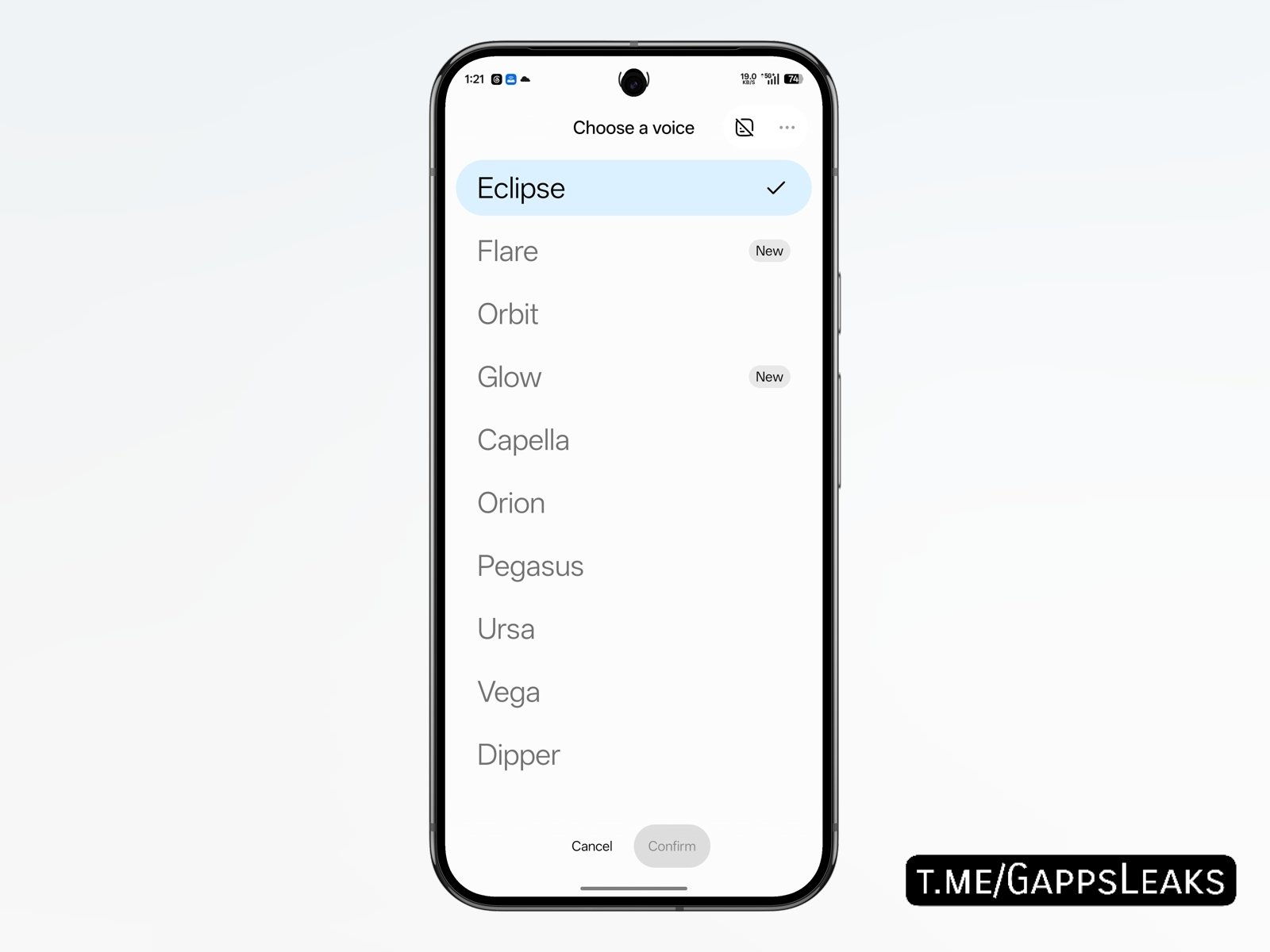 App Gemini - nuova UI maggio 2026 - voci Flare e Glow by AssembleDebug