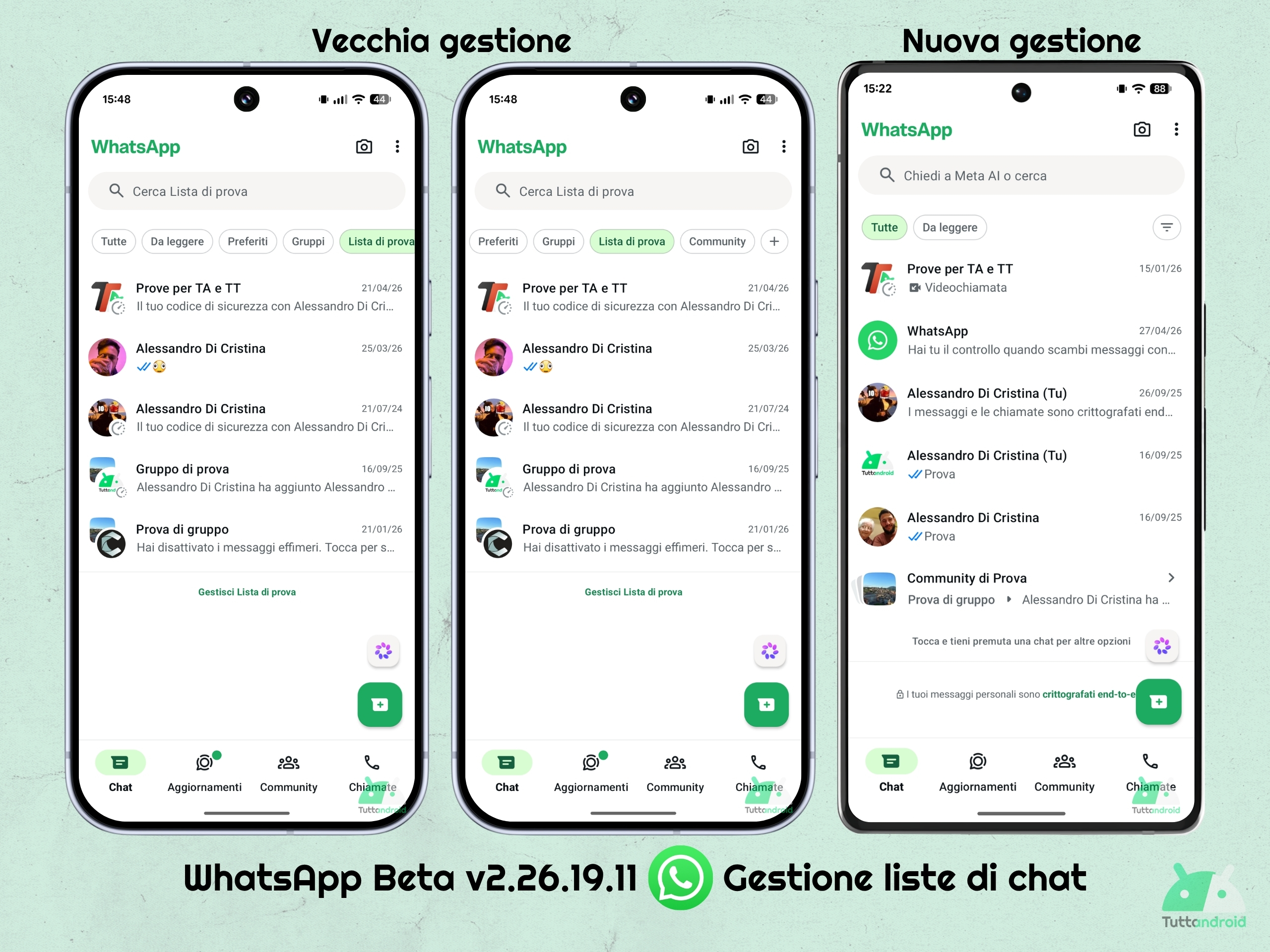 WhatsApp Beta v2.26.19.11 - Confronto gestione liste di chat