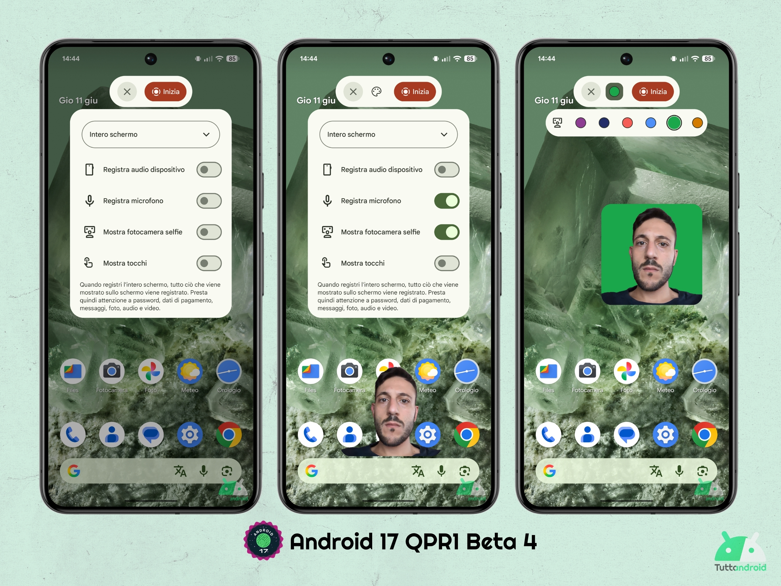 Android 17 QPR1 - Beta 4 - Registratore schermo - Mostra fotocamera selfie