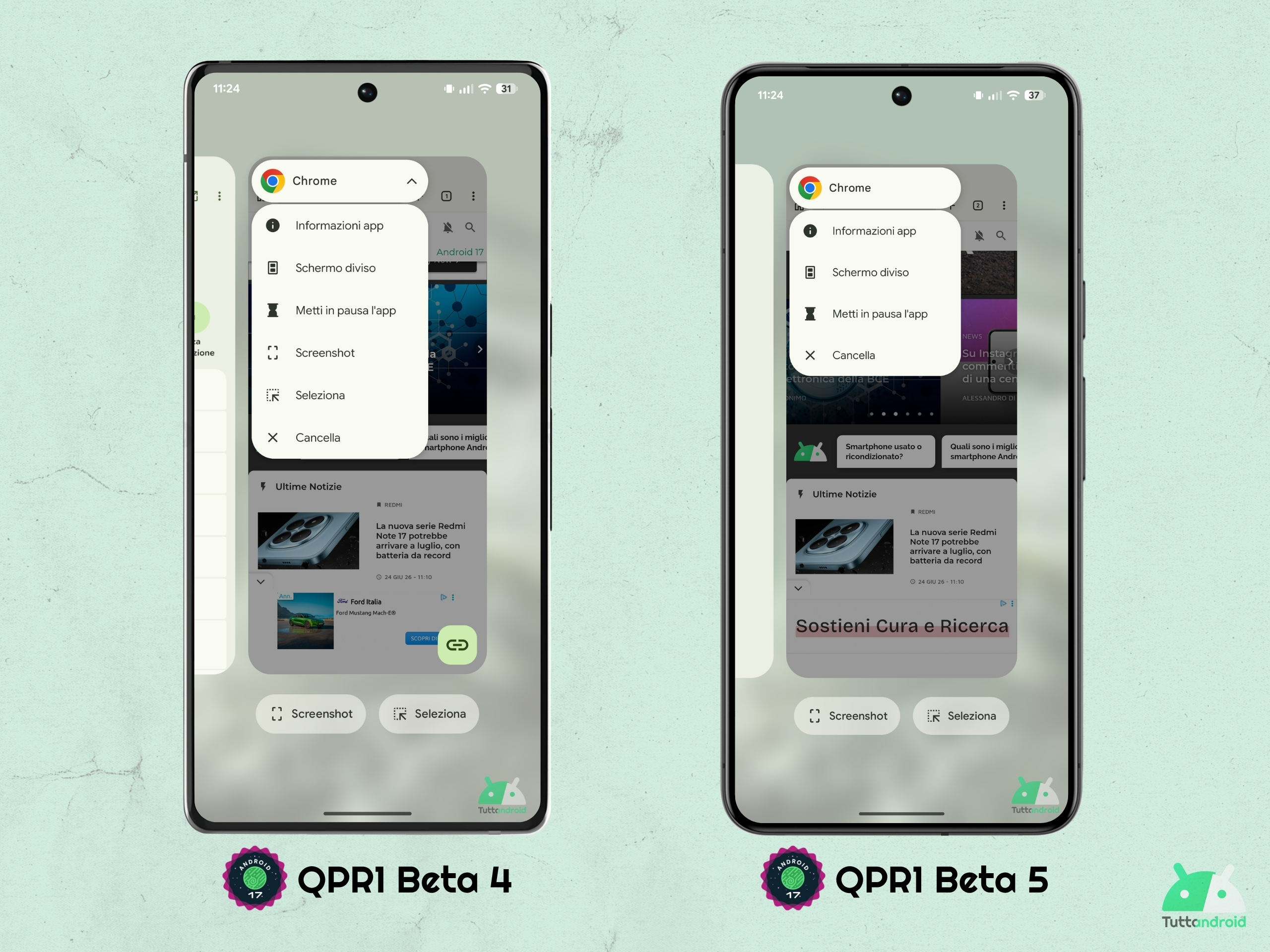 Android 17 QPR1 - Beta 5 - App recenti - Menù contestuale