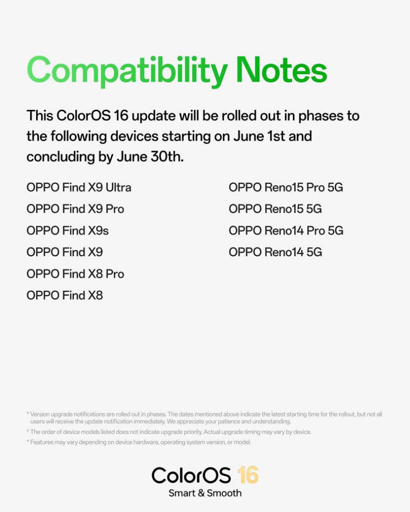 OPPO ColorOS 16 - aggiornamento giugno 2026 - compatibilità