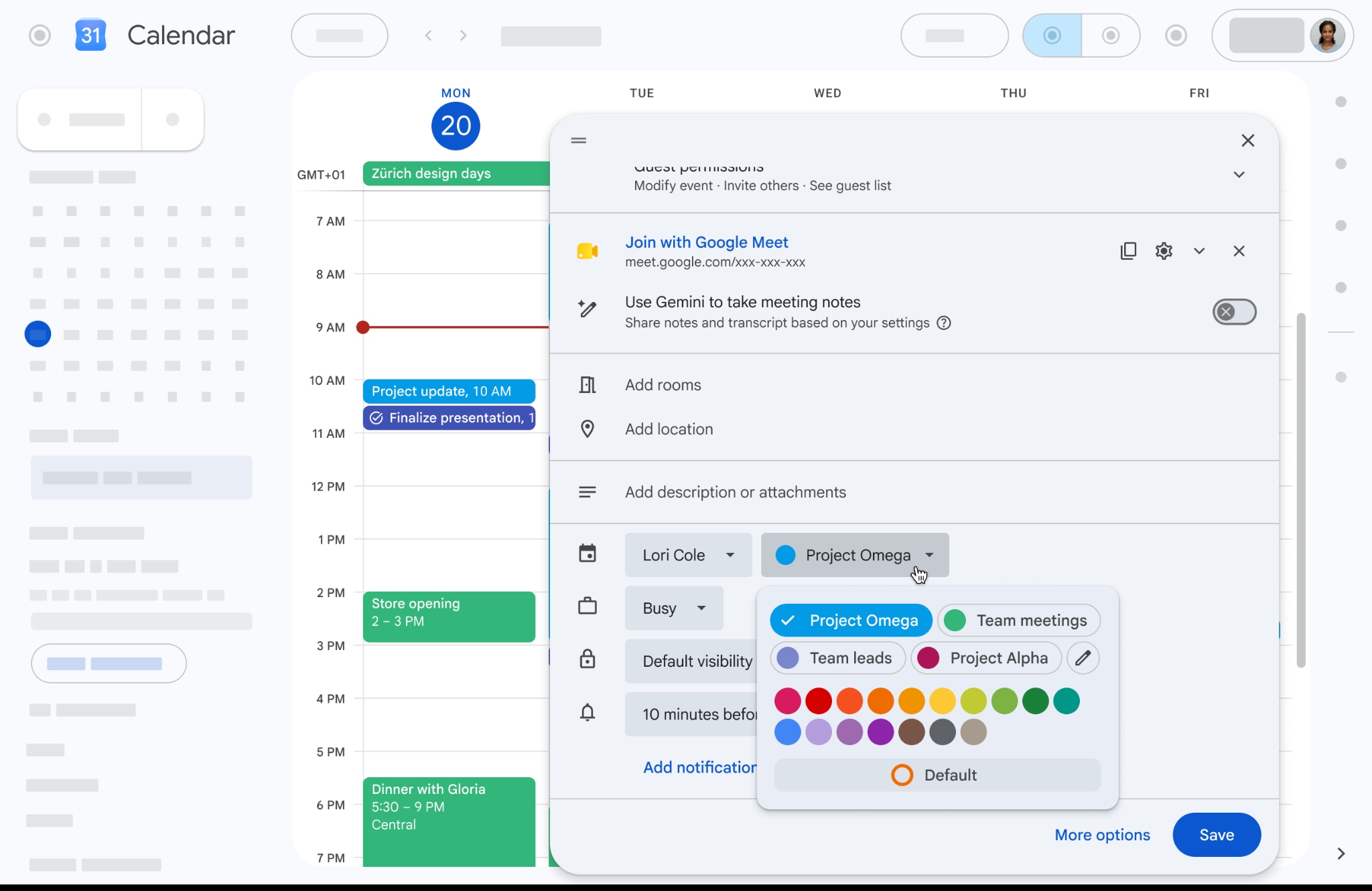 google calendar colori